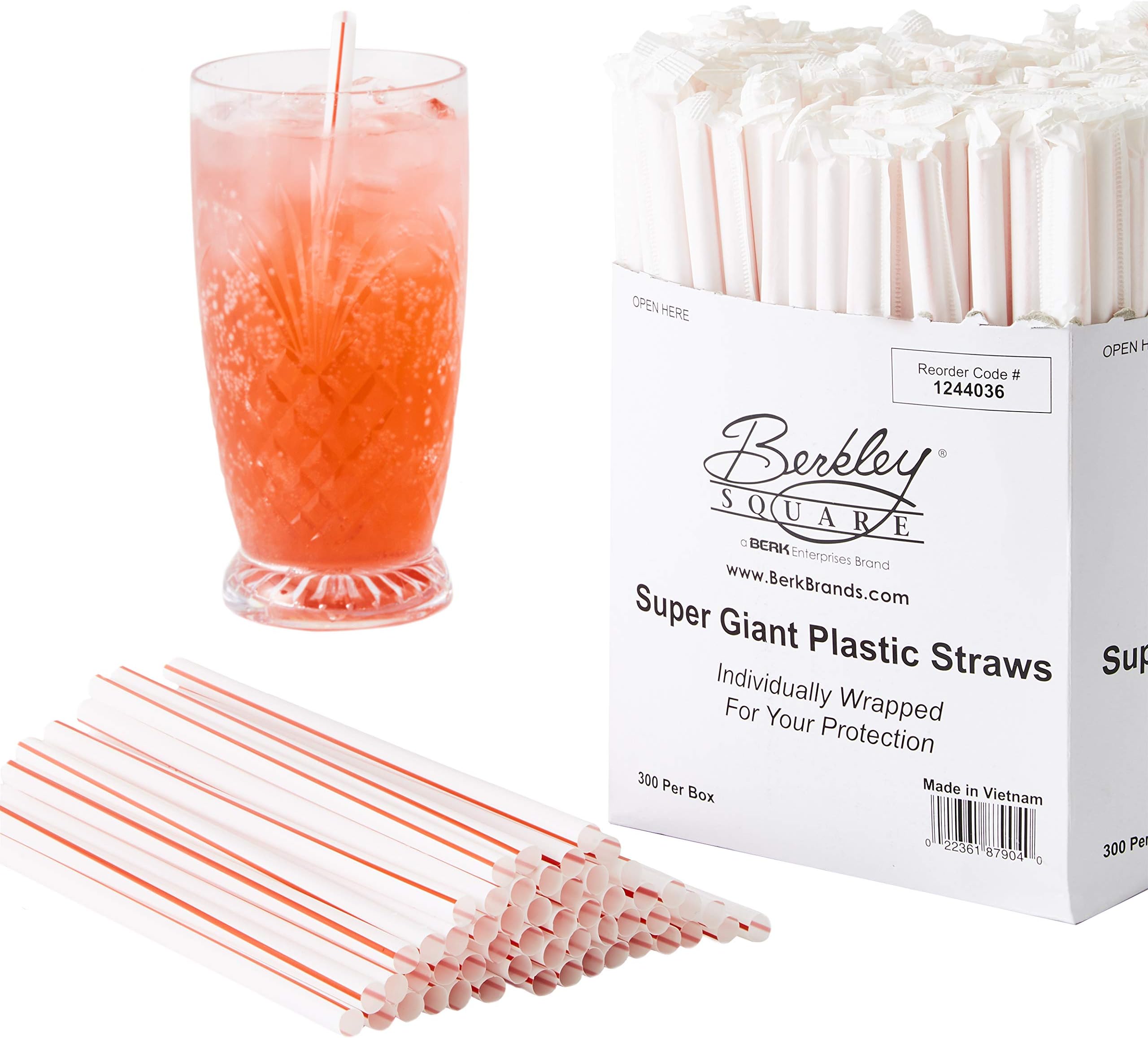 Avant Grub Sanitary Plastic Straws 300 Pk. Individually Wrapped Red and White Striped Jumbo Drinking Straw for Milkshakes, Smoothies, and Thick Drinks. Best Disposable 7.75 Inch Straight Straws