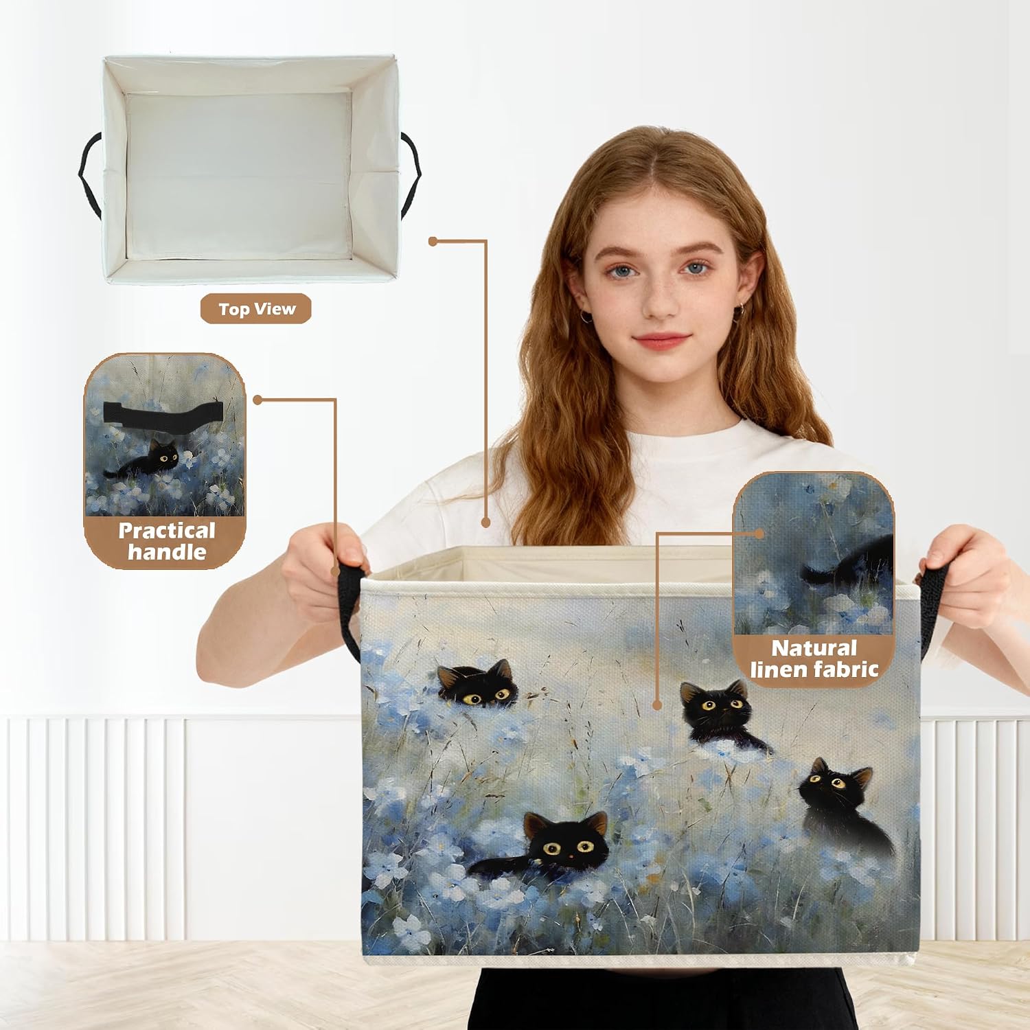 Blue Floral Black Cat Storage Box Bins, Whimsical Black Cat Botanical Collapsible Storage Basket Organizer for Girls Bedroom Laundry Room Home Clothes Books, Decor for Room image 2