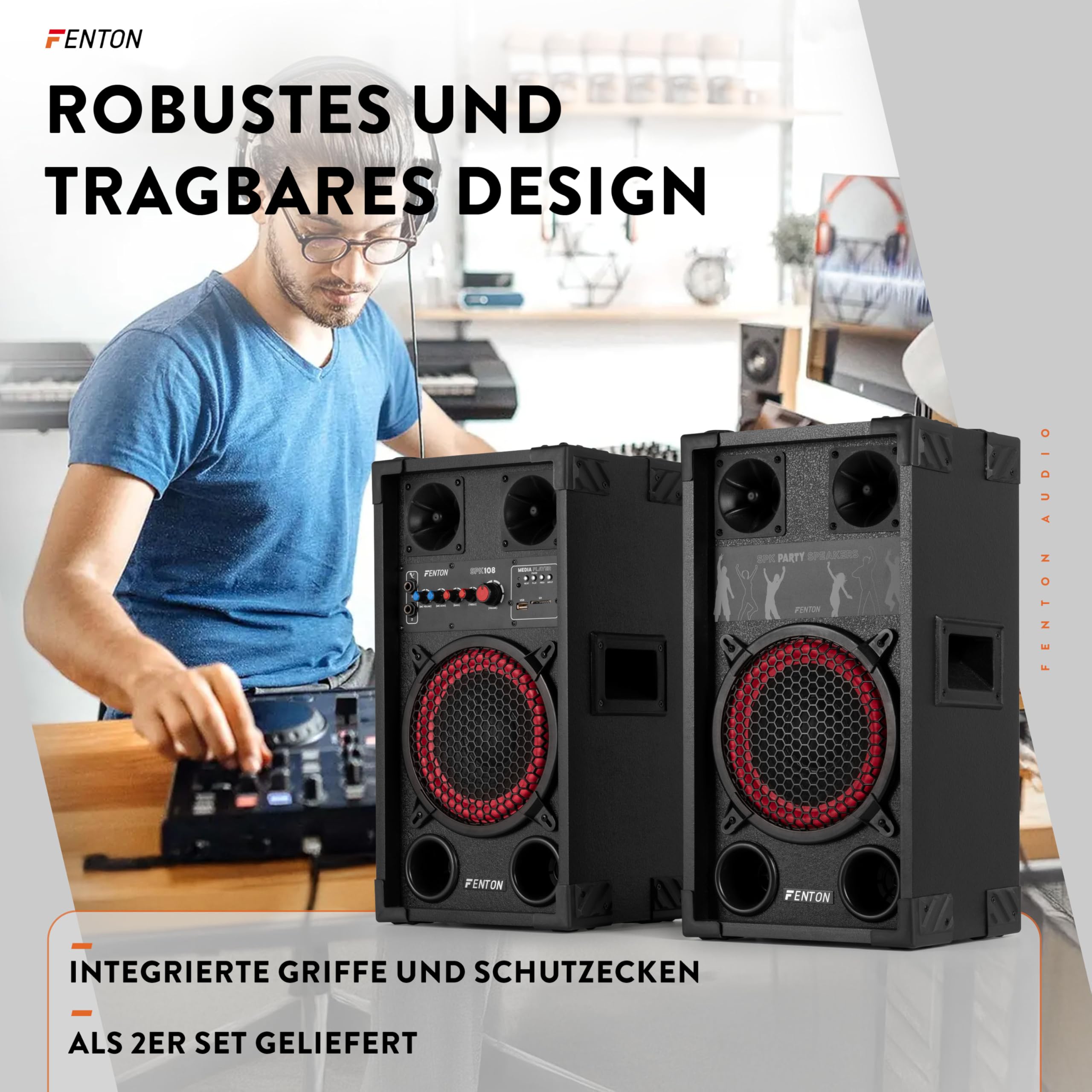Fenton SPK-108 PA Anlage Aktiv Komplettset 400 Watt – Party Lautsprecher Paar mit Bluetooth & USB – DJ Anlage Boxen Musik – 8" Woofer Standlautsprecher – Musikbox Groß für Karaoke & Events