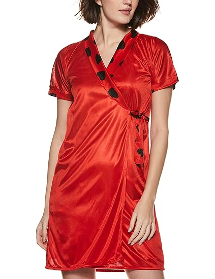 Clovia Women's Satin Heart Print Short Nighty with Robe