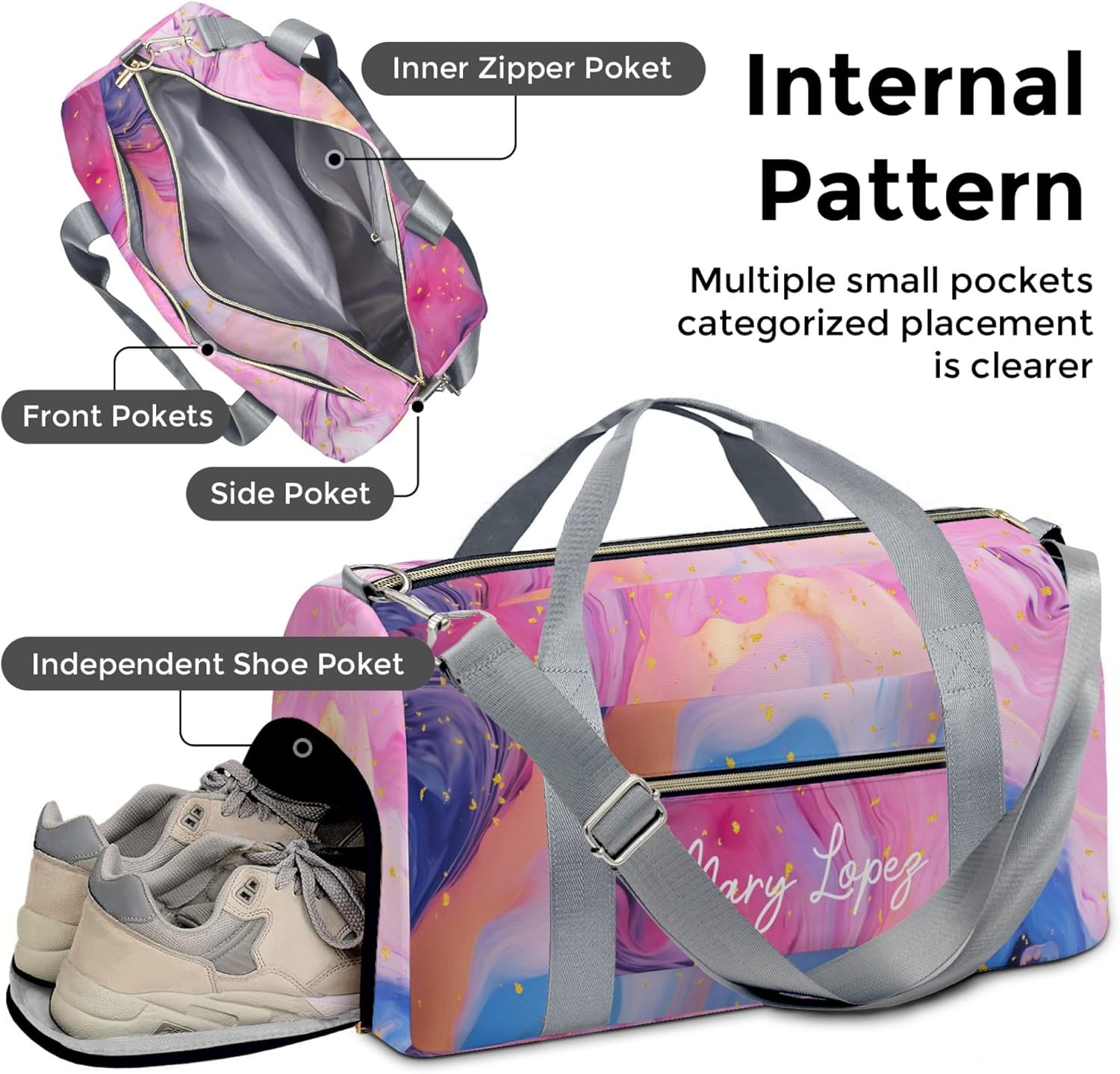 HUTARIO Personalized Duffle Bag for Women, Girl Sport Gym Dance Bag Travel for Weekender Overnight