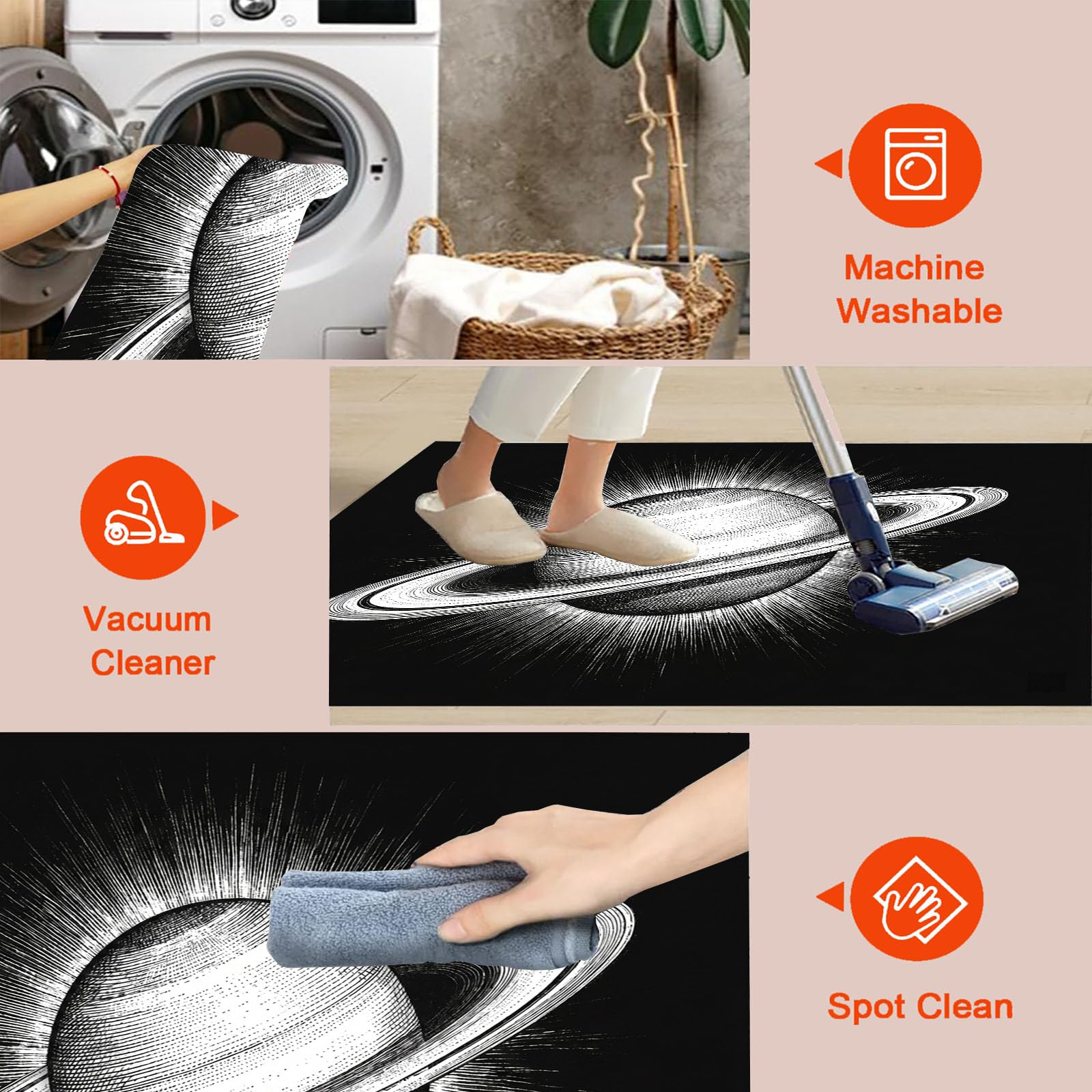 Tapis Rond Lavable Halo Saturn 180cm | Tapis Minimaliste Moderne Antidérapants Salon Lavable en Machine pour pour Salle à Manger, Entrée, Cuisine, Noir