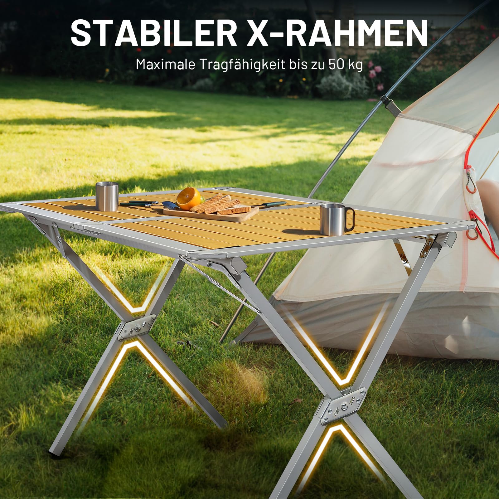 TIMBER RIDGE Campingtisch Klappbar Aluminium Klapptisch für 4-6 Personen Falttisch mit Aufrollbare Tischplatte Faltbar 110x70cm mit Tragetasche Holzoptik für Picknick Garten Camping Balkon