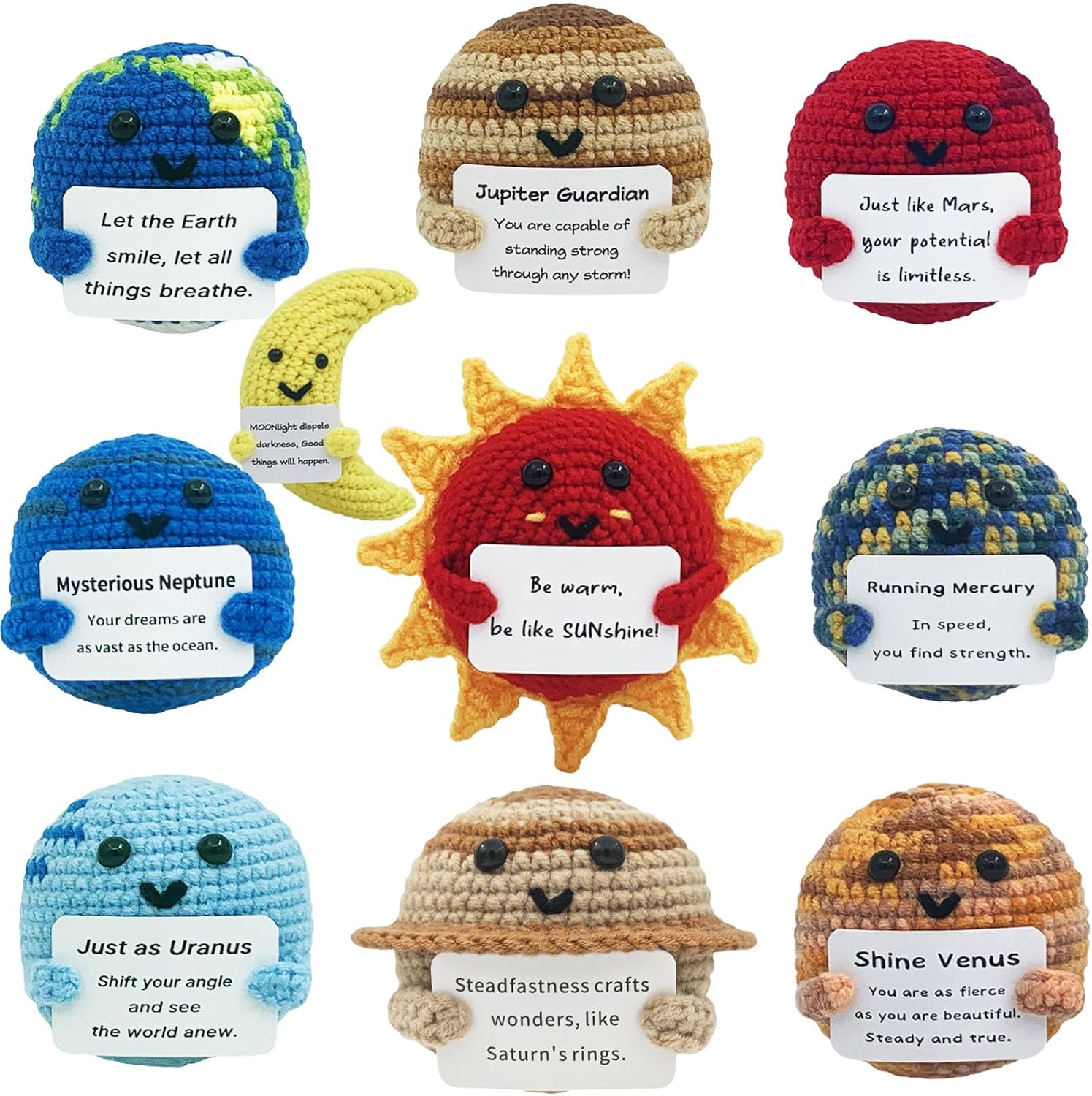 10pcs Positive Crochet Planets Doll Funny Birthday Gifts for Women Men Fathers Mothers Day Christmas Uplifting Support Mini Gift for Mom Dad Girls Boys Her- Inspirational Card
