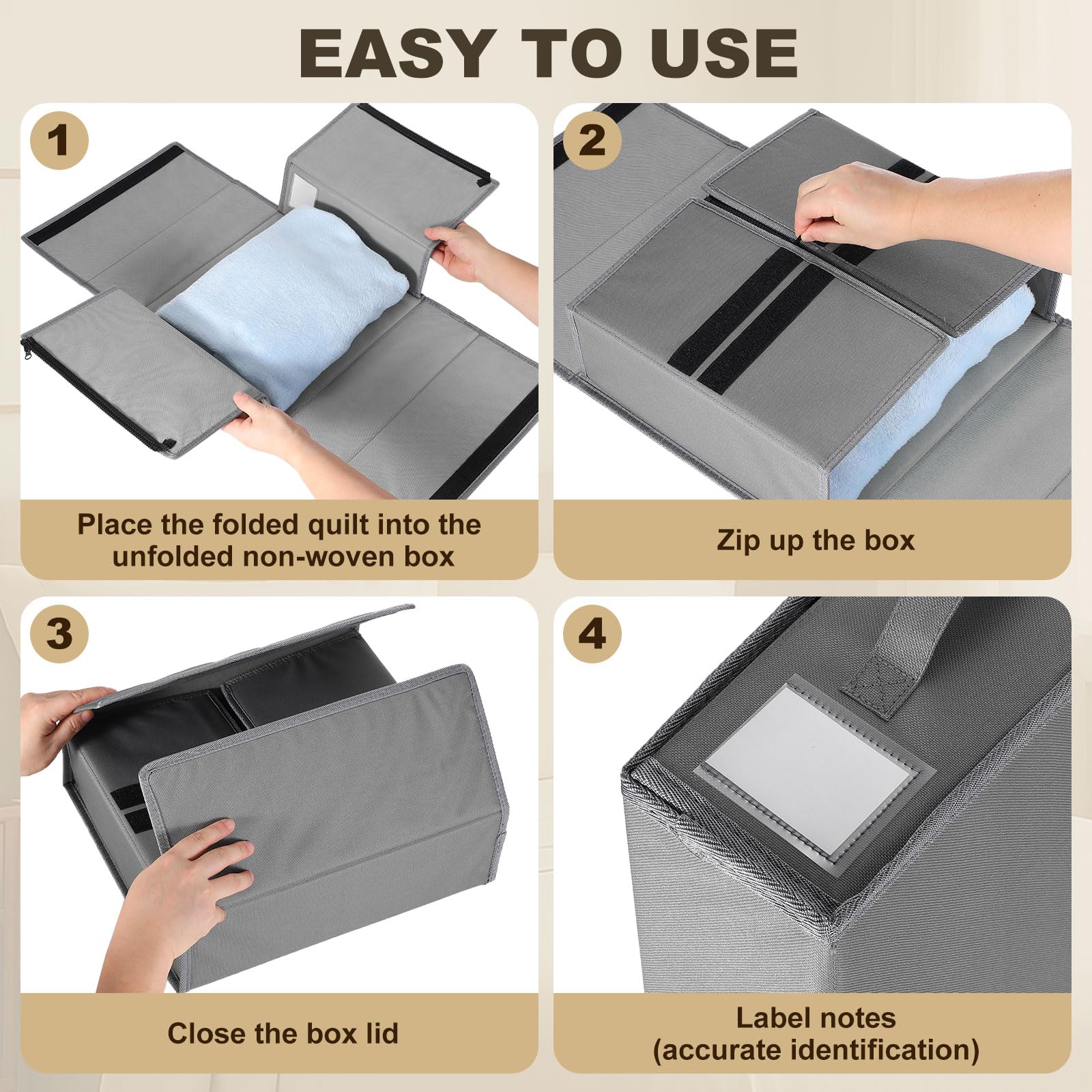 QUARKZMAN 4 Pack Organizadores de Sábanas con Asa para Armario Gris | Organizador Plegable de Juegos de Fundas Nórdicas, Contenedores de Almacenamiento, y Debajo de la Cama