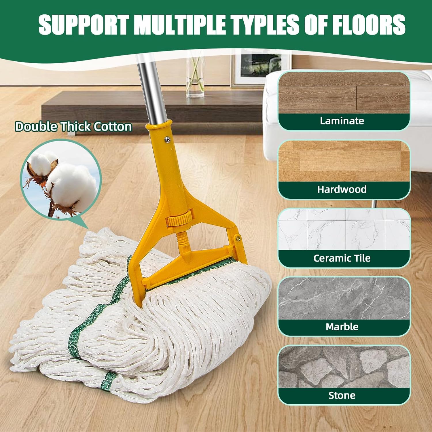 3 Pack Heavy Duty Commercial Industrial Mop Replacement Heads with 48'' Long Handle, 20oz Looped-End String Wet Cotton Mops Refills for Home,Garage,Office and Kitchen