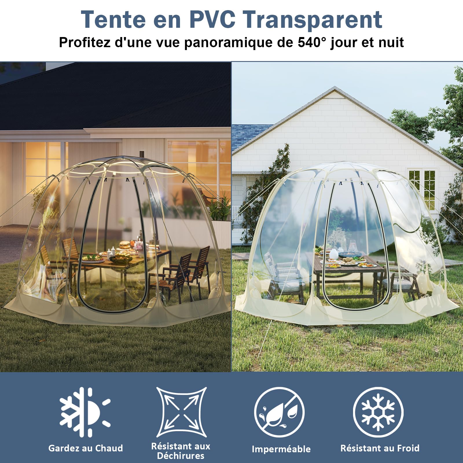 Tente Bulle Transparente Pliante 360° – Toit Oxford Résistant, Piquets Métal & Cordes Anti-Vent, Idéale Camping, Pêche, Événements Sportifs