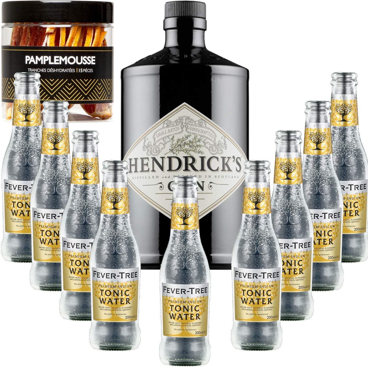 Hendricks Gin 41,3 ° + 9Fever Indian Tree Premium de agua - - Gintonic (70cl + 9 * 20 cl) + Pot 15 rebanadas de pomelo se seca.