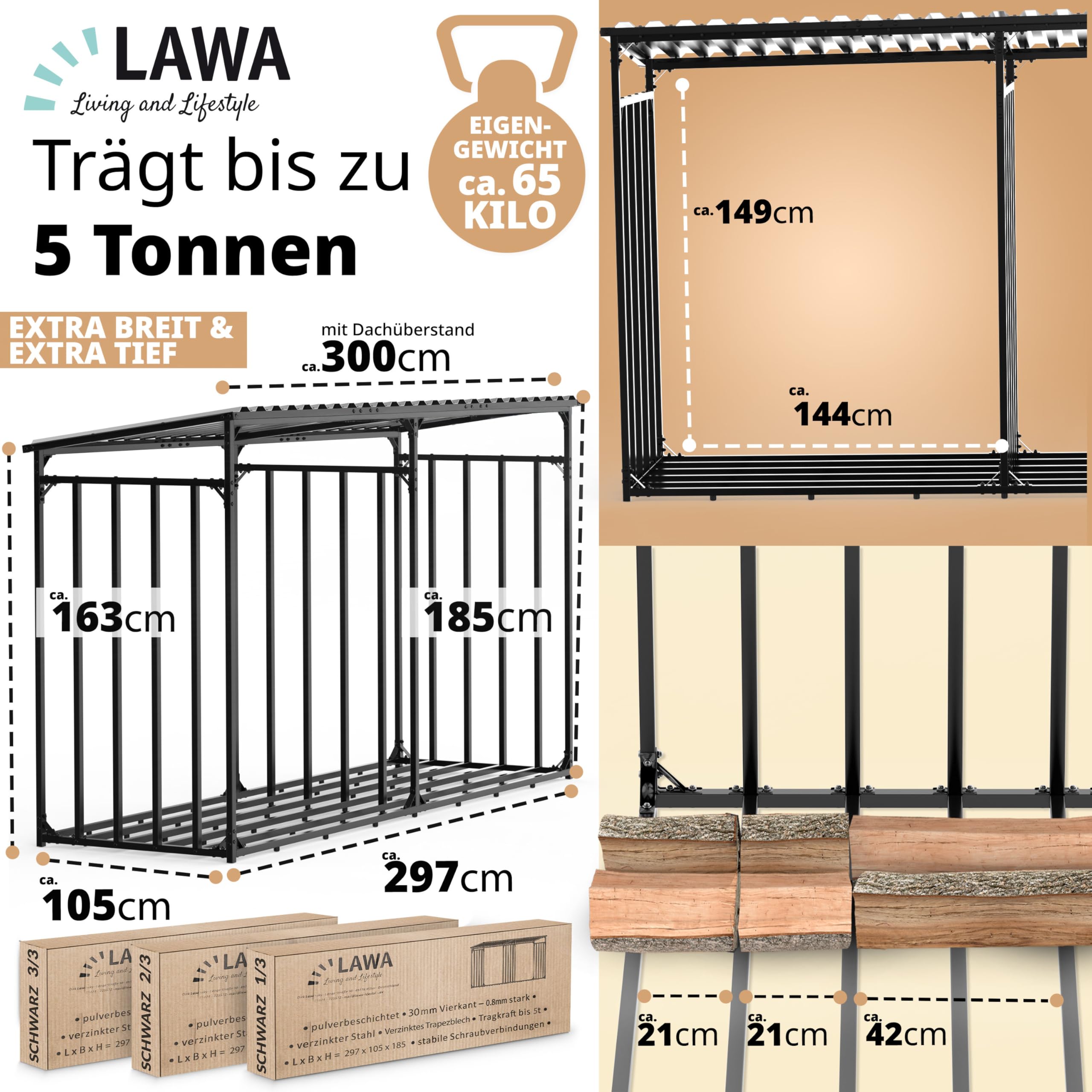 Kaminholzregal aussen Metall mit Dach 300x105x185cm für 1m I 33cm I 25cm Brennholz Stapelhilfe verzinkt 3m wetterfestes Feuerholz Garten Regal für draußen Holzunterstand 5m³ Holzlager (3m mit Plane) - 3