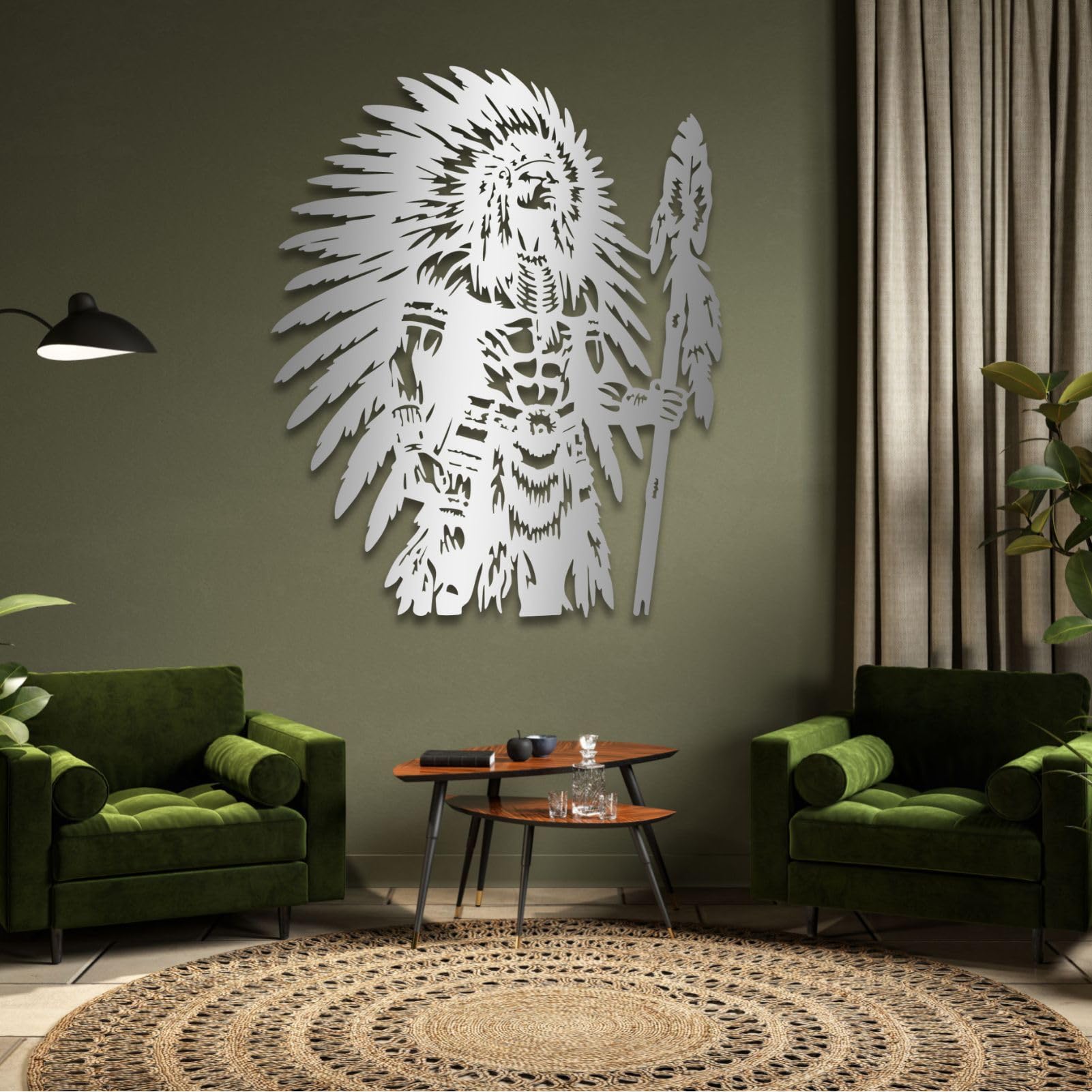 Décoration Murale en métal représentant Un Guerrier amérindien, Chef Tribal, pour Salon, Chambre, Bureau ou Salle de Jeux (Argent, 80 x 65 cm)