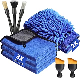 KEYAYE 10 Pcs Car Washing Kit with 3x Microfibre Cleaning Cloths, 2er Wash mitts and 5 Interior Detailing Brushes with Soft Bristle, Dual-Sided Ultra Soft Drying Towels ﻿for Car Care 600GSM, 40x30cm
