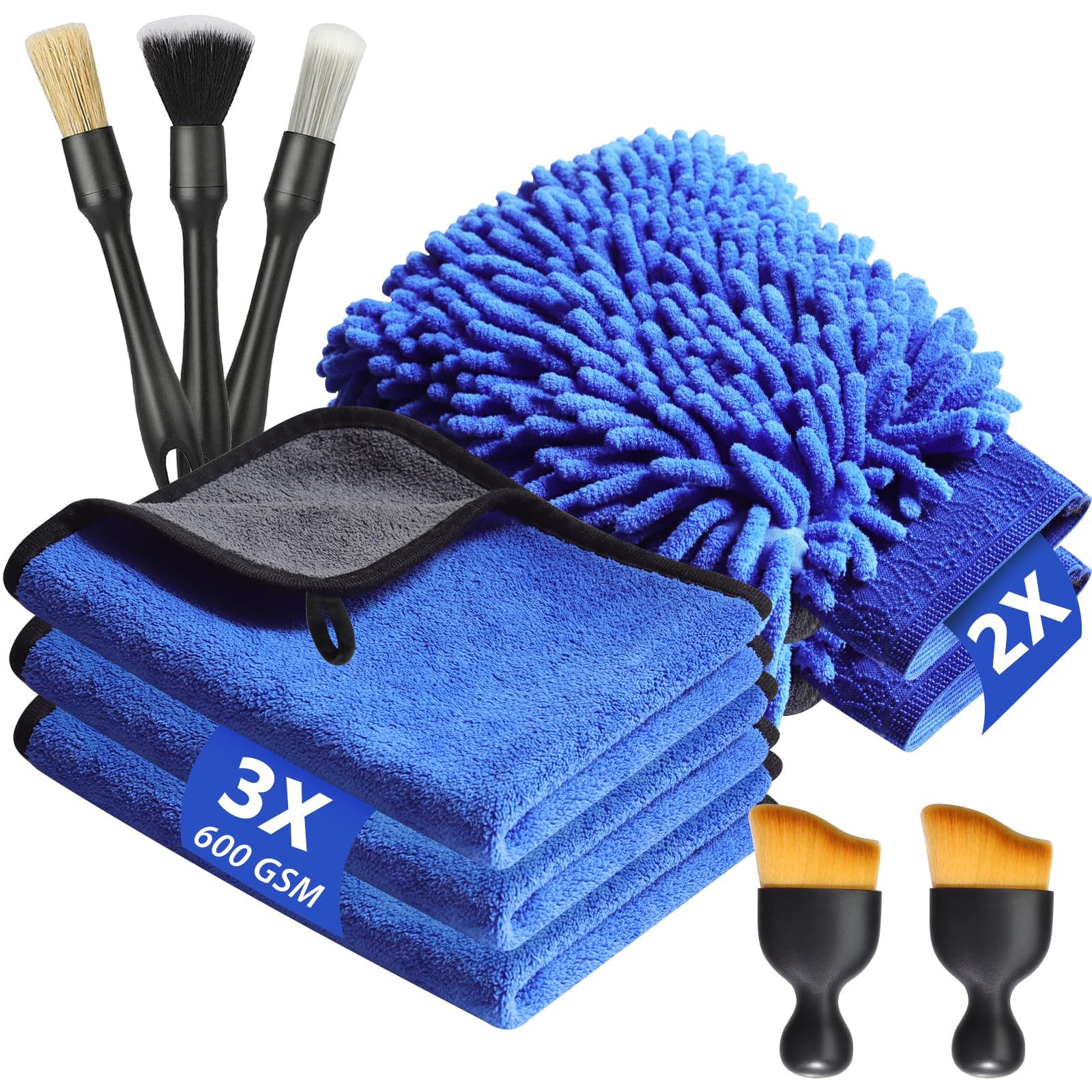 KEYAYE 10 Stück Autopflege Set mit 3er Mikrofasertücher, Mikrofaser Waschhandschuh, Detailingbürste Weiche Borsten, 600 GSM Auto Trockentuch zum Kratzfreien Trocknen & Auto Polieren, 40x30cm