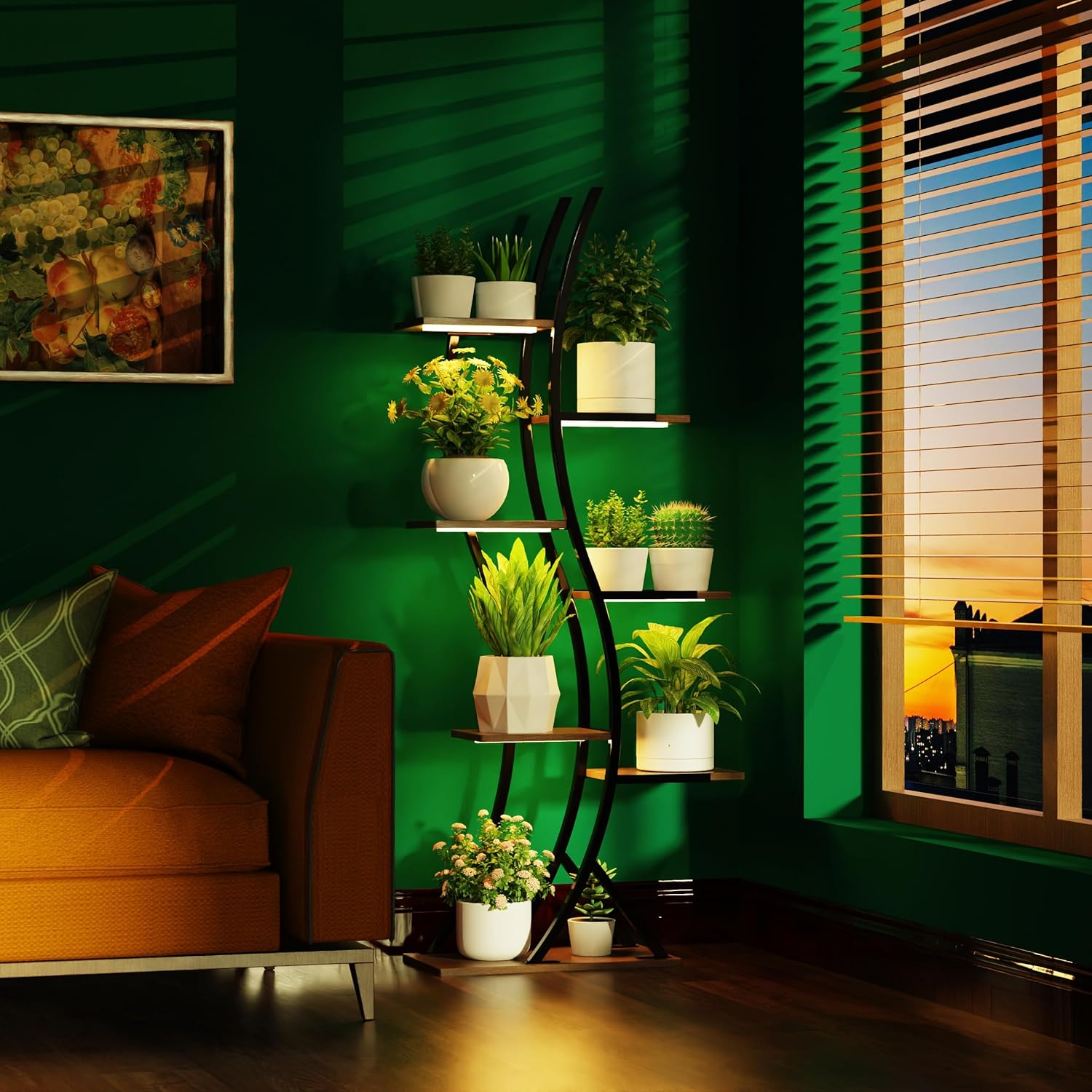 Indoor Plant Shelf Featuring Grow Lamp, 60.24" High 7-Tier Exhibition Unit, S-Curve Corner Design for Floral and Foliage Showcase in Living Area, Patio, Balcony Décor