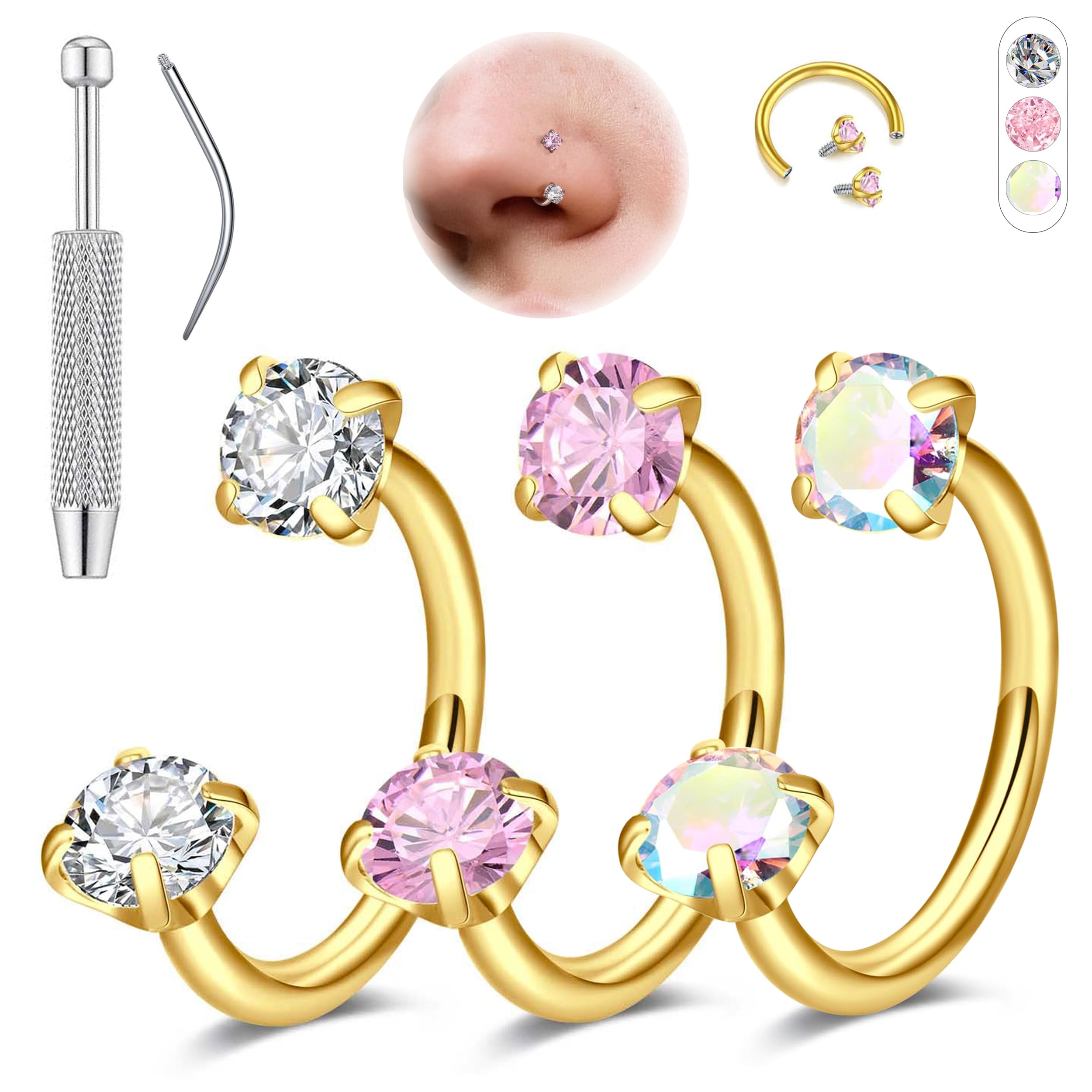 Aidenn 18G Hufeisen Nasenpiercing für Damen, 6-8 mm Nasenring Piercing Schmuck Set gold & silber, doppelter CZ Hufeisen Ringe, chirurgischer Stahl für Helix, Tragus, Labret Lippenpiercing