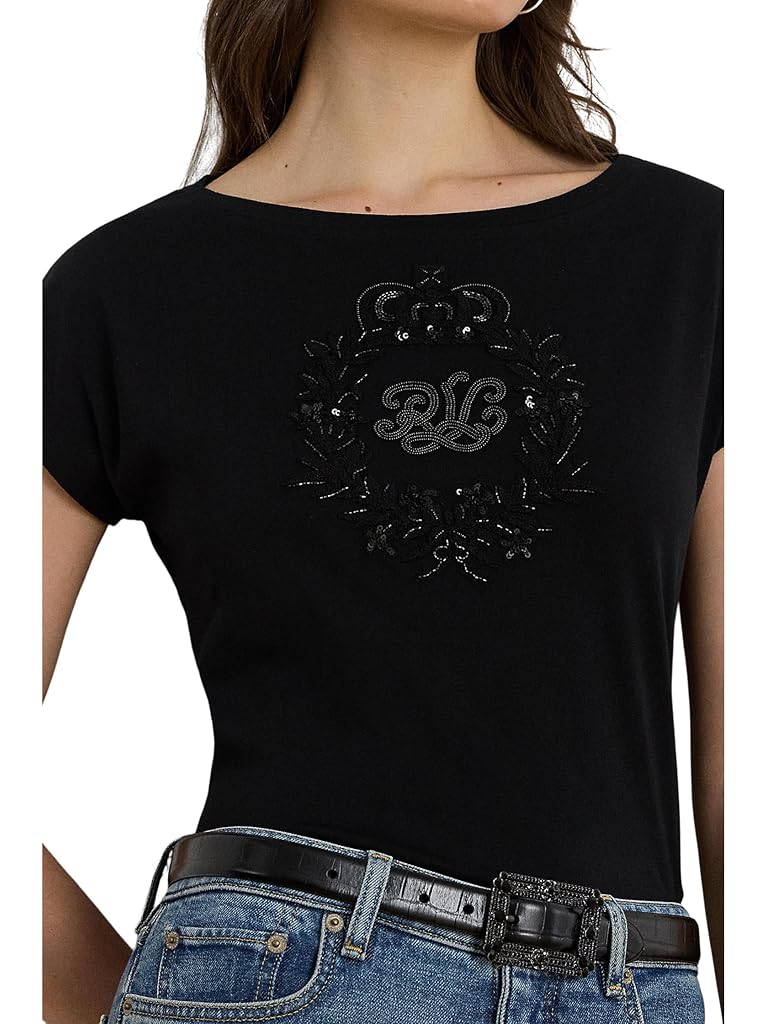Black Lauren Ralph Lauren Sequined-Crest Cotton Jersey Tee