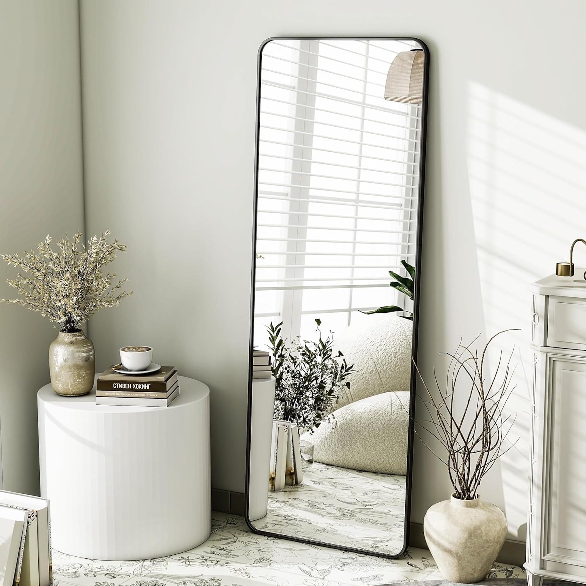 The Artment your artistic apartment Vista Arched Unbreakable Floor Full Length Mirror | Large Free Standing with Aluminium Frame | Leaning for Living Room Home Decor (Black (Square), 160 X 50 CM)