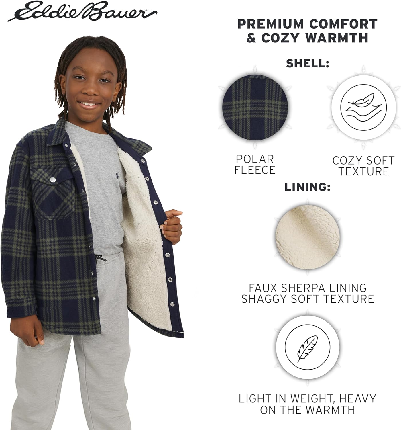 Eddie Bauer Boys' Plush Faux Sherpa Lined Fleece Button-Down Shirt Jacket (XS-XL) - Image 3