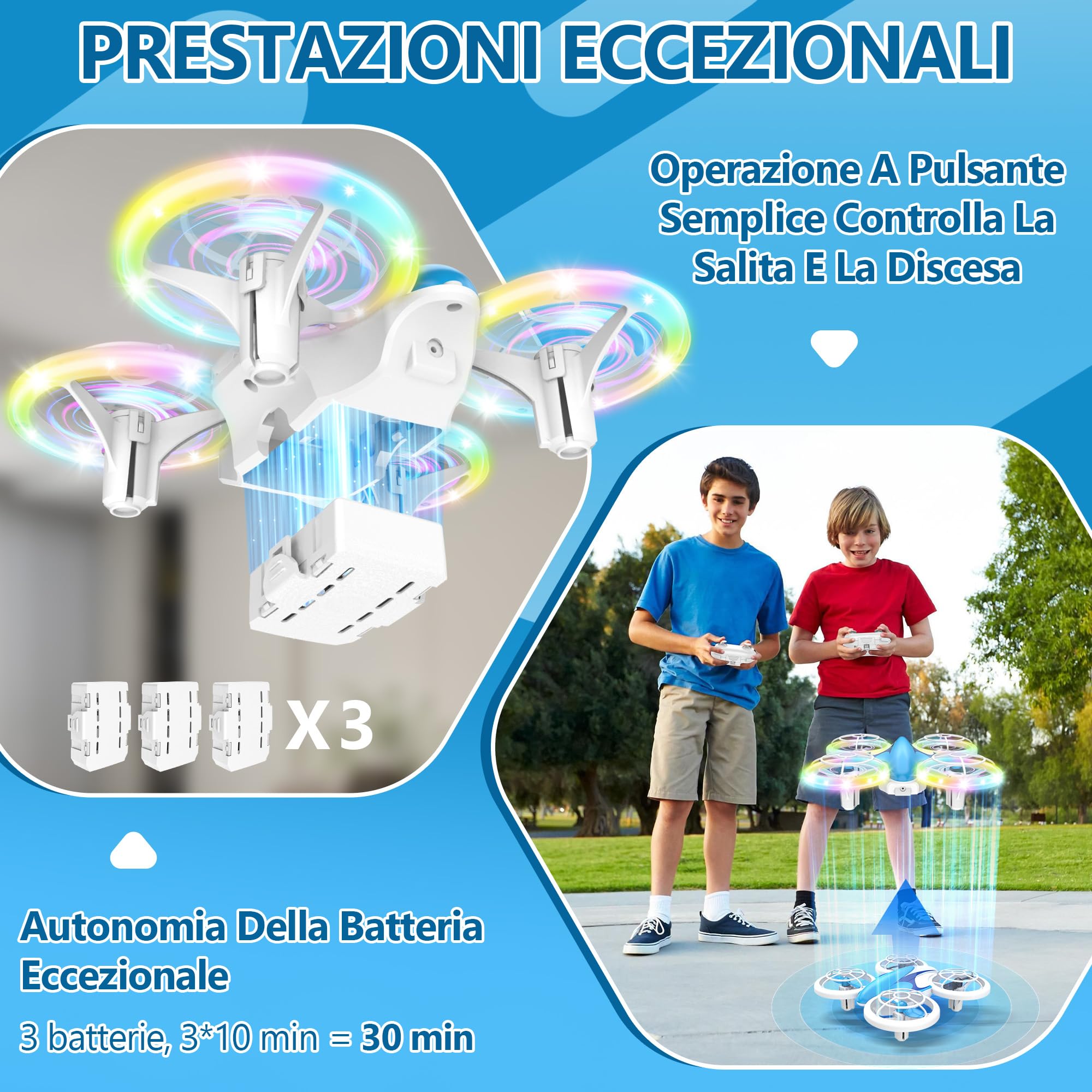 Charmofun Mini Drone Bambini con Luci, RC Aereo Giocattolo Drone Telecomandato con Funzione Hovering, 3D Flip e 3 Batterie, Giocattoli Regalo Per Principianti, Ragazzi e Ragazze (Blu)