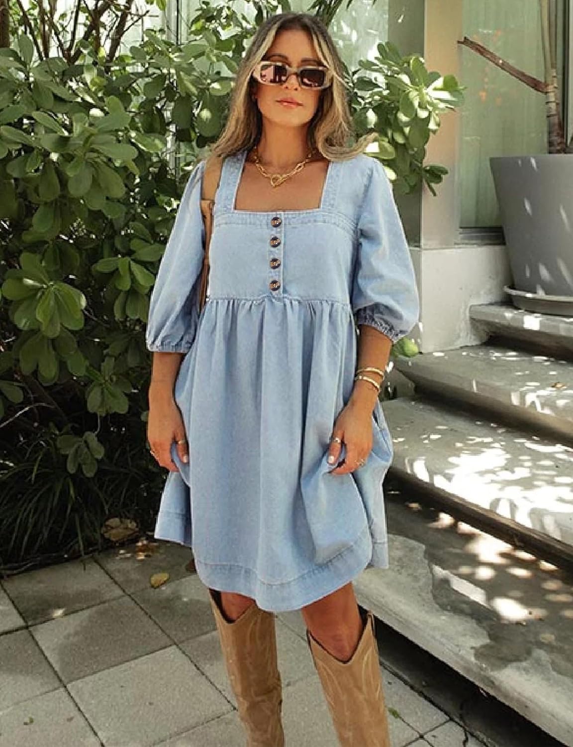Skirt BL Denim Dress for Women Square Neck Jean Dress 3/4 Sleeve Babydoll Tiered Summer Dresses with Pockets 2025 - Image 3