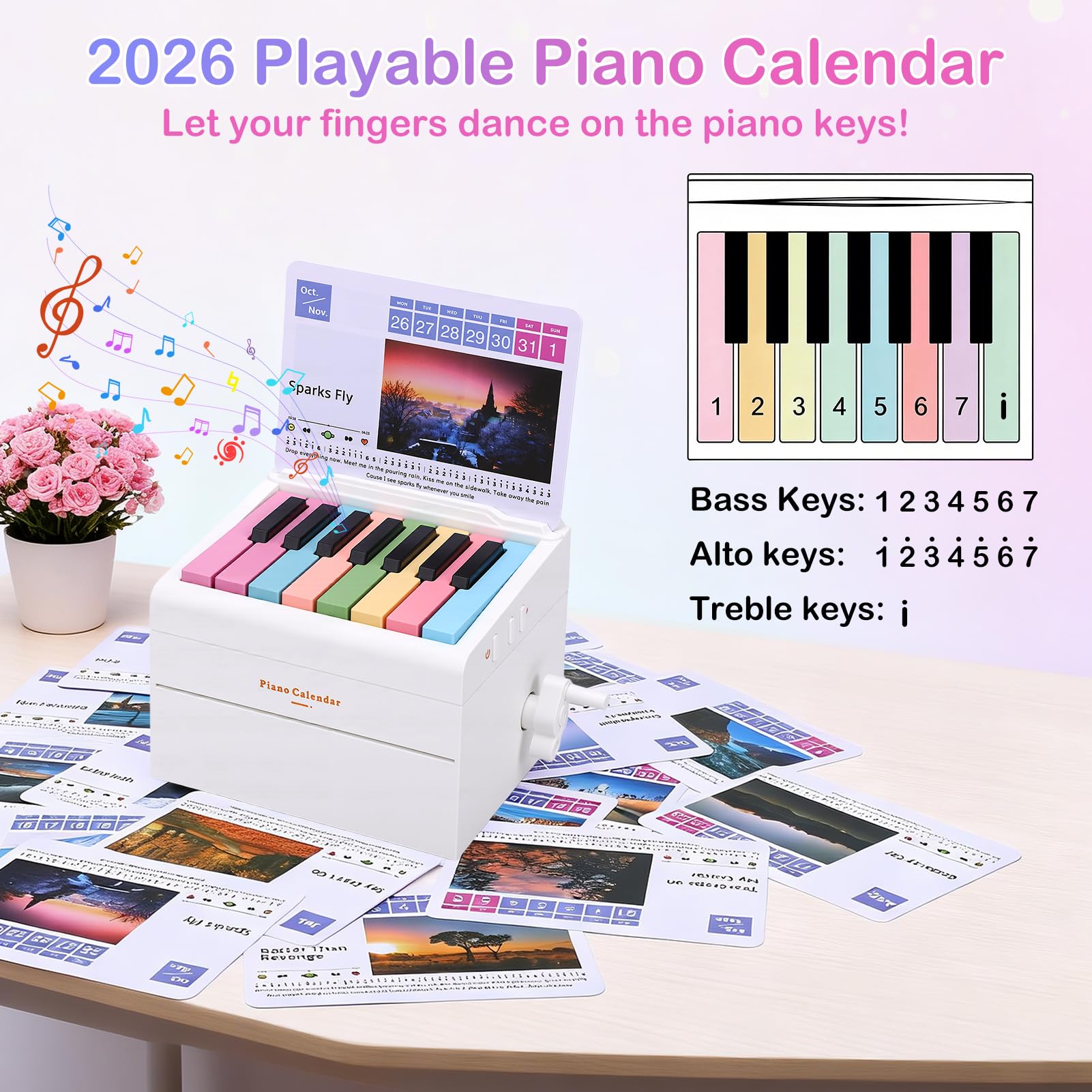 Gugxiom Calendario da tavolo 2026, pianoforte giocabile, 2026, con 52 settimane, fogli da 27 carte, mini calendario 3D con musica per Natale, regalo di compleanno (bianco)