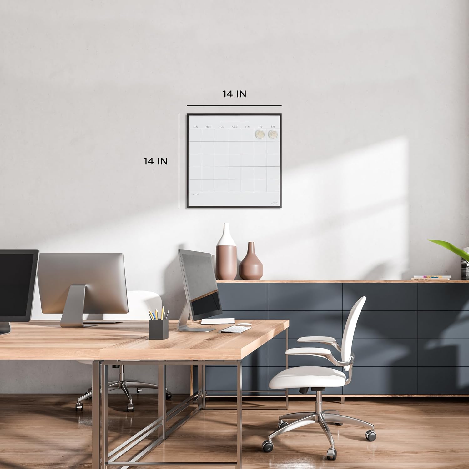 U Brands Magnetic Dry Erase Wall Calendar White Board, 14" x 14", Black Metal Frame, Includes Magnets and Marker