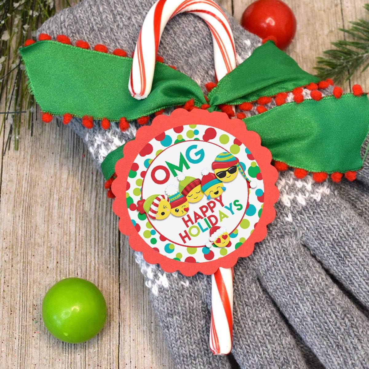 OMG! Christmas Emoji Holiday Thank You Sticker Labels, 40 2" Party Circle Stickers by AmandaCreation, Great for Party Favors, Envelope Seals & Goodie Bags