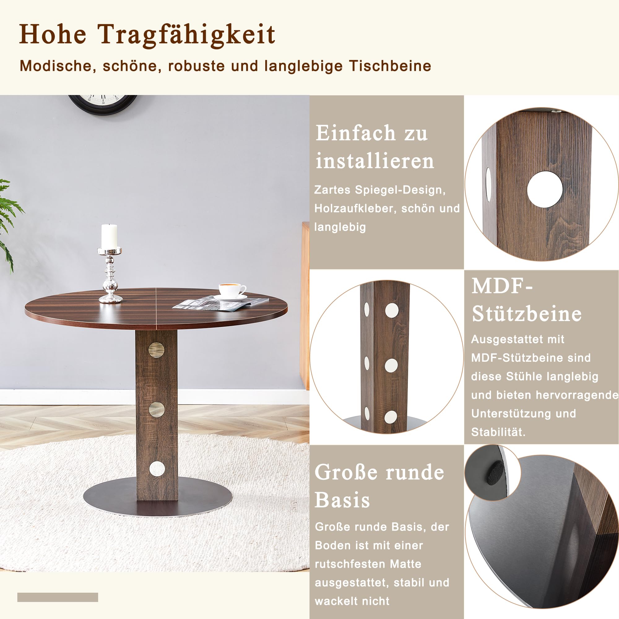 TIZZ Moderno tavolo da pranzo rotondo con piedistallo quadrato in legno e accenti a specchio, venature del legno di noce e base in metallo, per 2-4 persone, ideale per cucina, sala da pranzo e piccoli