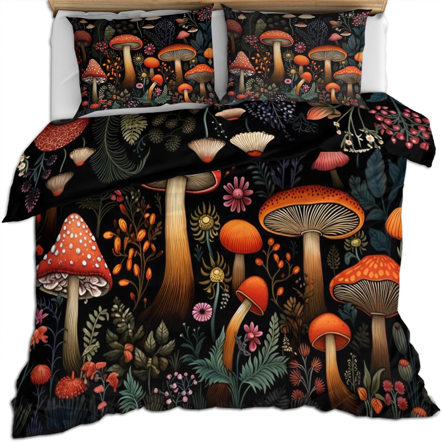 Twin Size Duvet Cover Set, Magic Mushrooms Print Duvet Cover, Orange-Red Amanita Muscaria Comforter Cover, Enchanted Forest Bedding, Kids Room Bedding Decor, （Reversible Printing）
