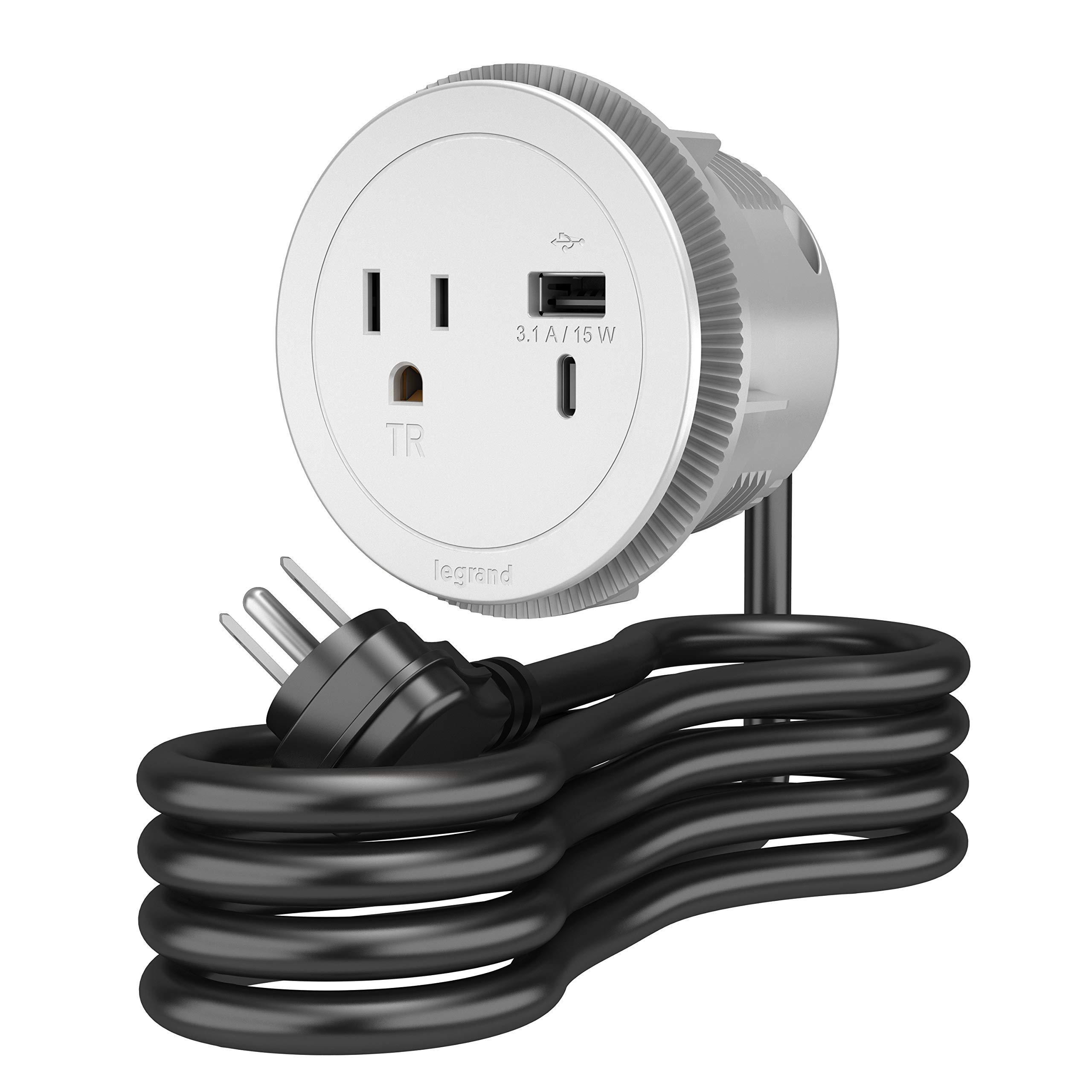 Okrągła listwa zasilająca firmy Wiremold, listwa zasilająca z USB, listwa zasilająca pod biurko, listwa zasilająca do mebli, 15 A, 1 gniazdo, typ A/C USB, biała, 15 A