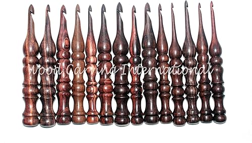 Wood Carving International - Juego de 13 ganchos de ganchillo de palisandro, juego de ganchos de ganchillo de madera para tejer y ganchillo,