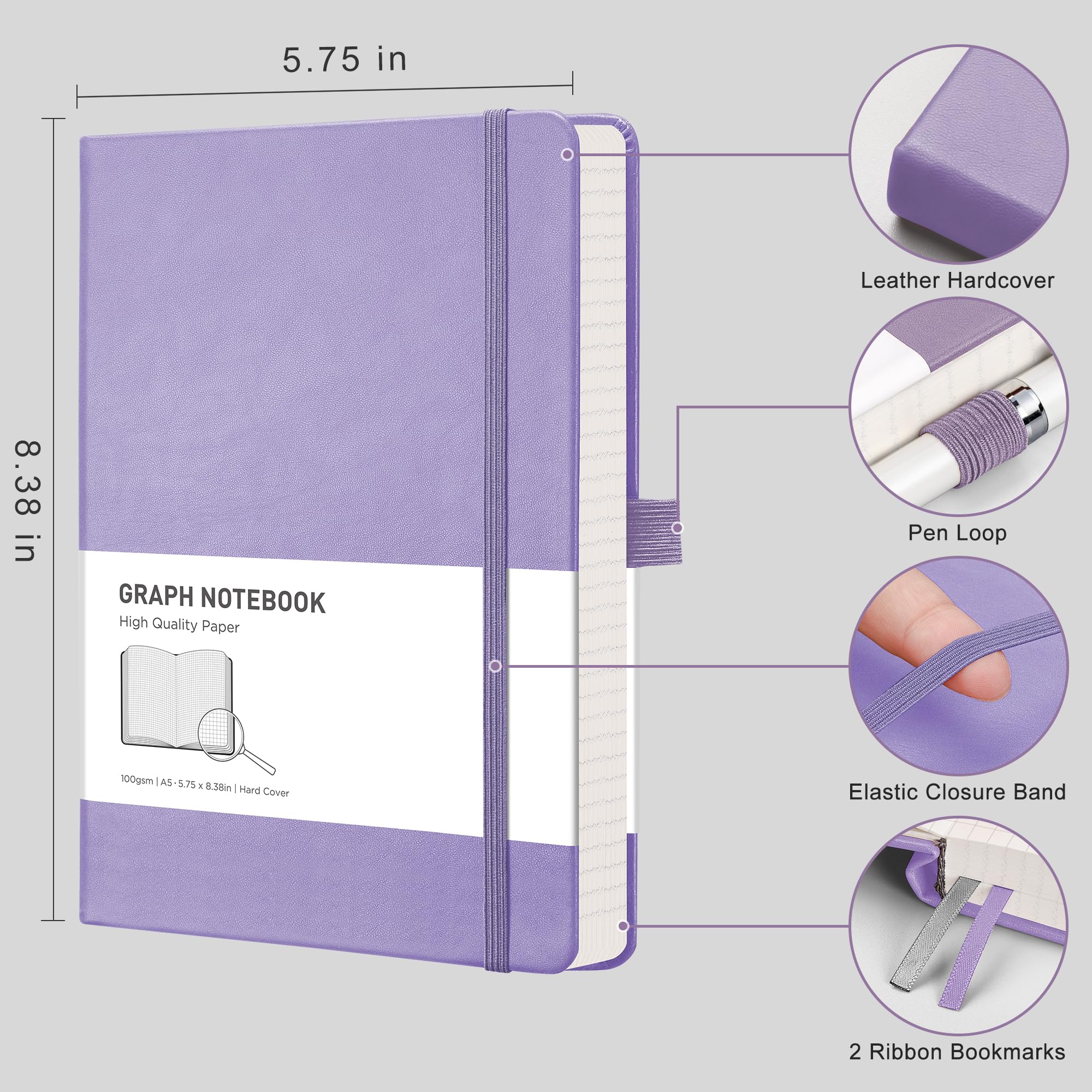 RETTACY Notatnik w kratkę, A5, 2 sztuki, 384 strony, kwadratowy notatnik o gramaturze 100 g/m², uchwyt na długopis, kieszeń wewnętrzna, do biura, szkoły, pracy, dla kobiet i mężczyzn, 14,5 x 21 cm,