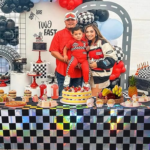 Vista 7 de Paquete de 3 manteles de plástico iridiscentes a cuadros de automóvil de carreras, cubierta holográfica de papel de carreras en blanco y negro