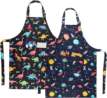 2 Pack Kids Apron, Cute Cooking Aprons, Waterproof Art Apron with Pockets, Toddler Painting Artist Apron Adjustable
