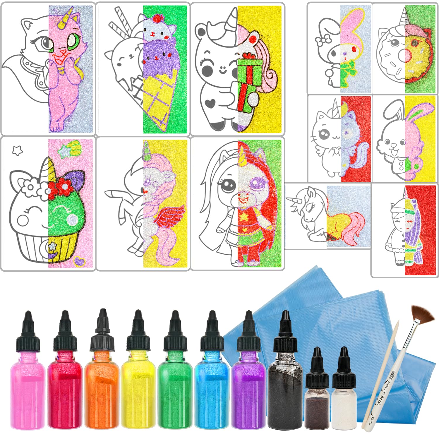 12 in 1 Sand Art Pictures Craft Sand - Сolor Sand Art Pictures Sand Painting - Color Splash Sand Art Pictures Kids - Sticker Sand Art Sheets Peel and Stick – Colored Sand for Sand Art Kit