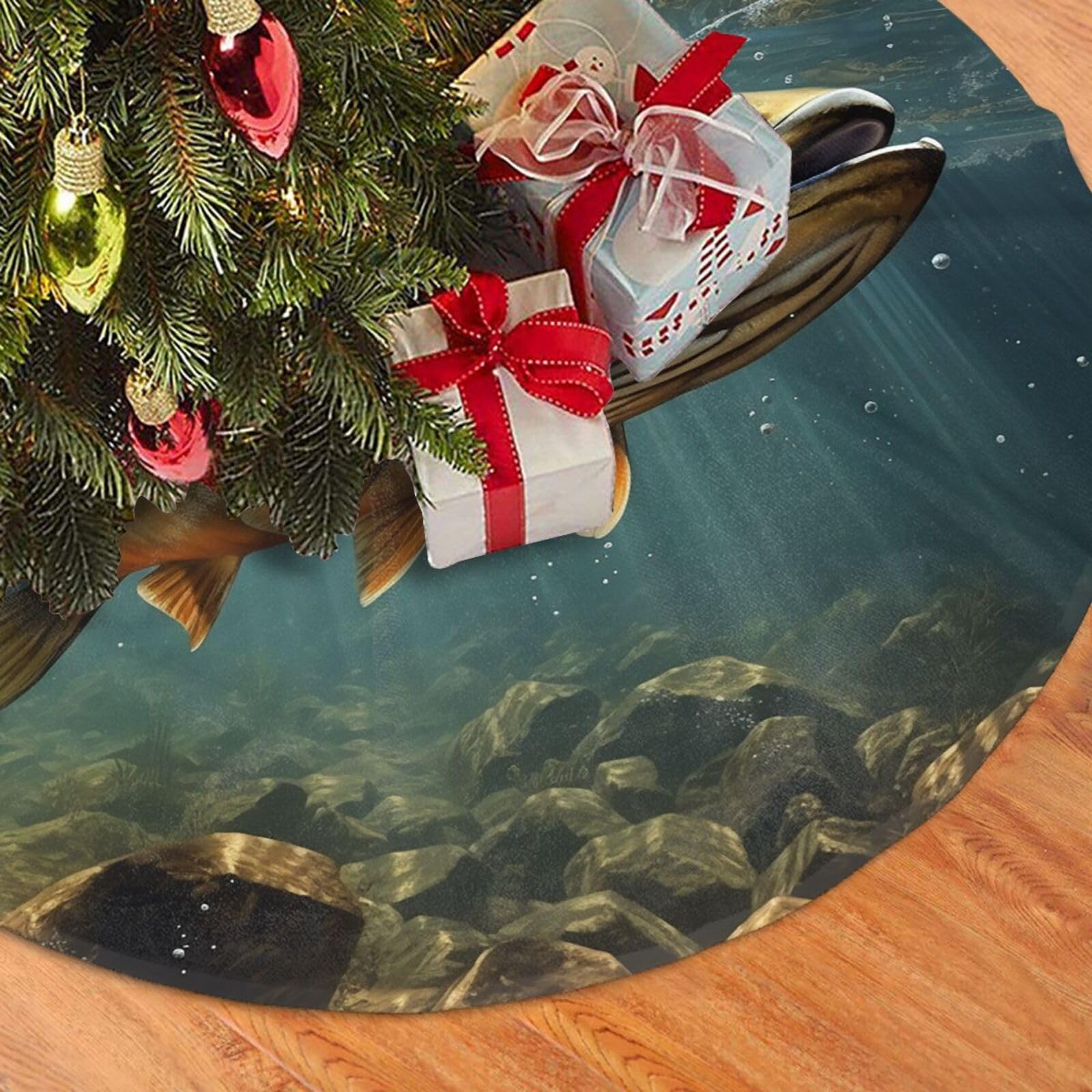 Fodpand Black Fish Christmas Tree Skirt 48" Velvet Xmas Tree Skirt Mat Rustic Christmas Tree Mat Cover Winter Xmas Tree Collar For Indoor Outdoor Christmas Decorations