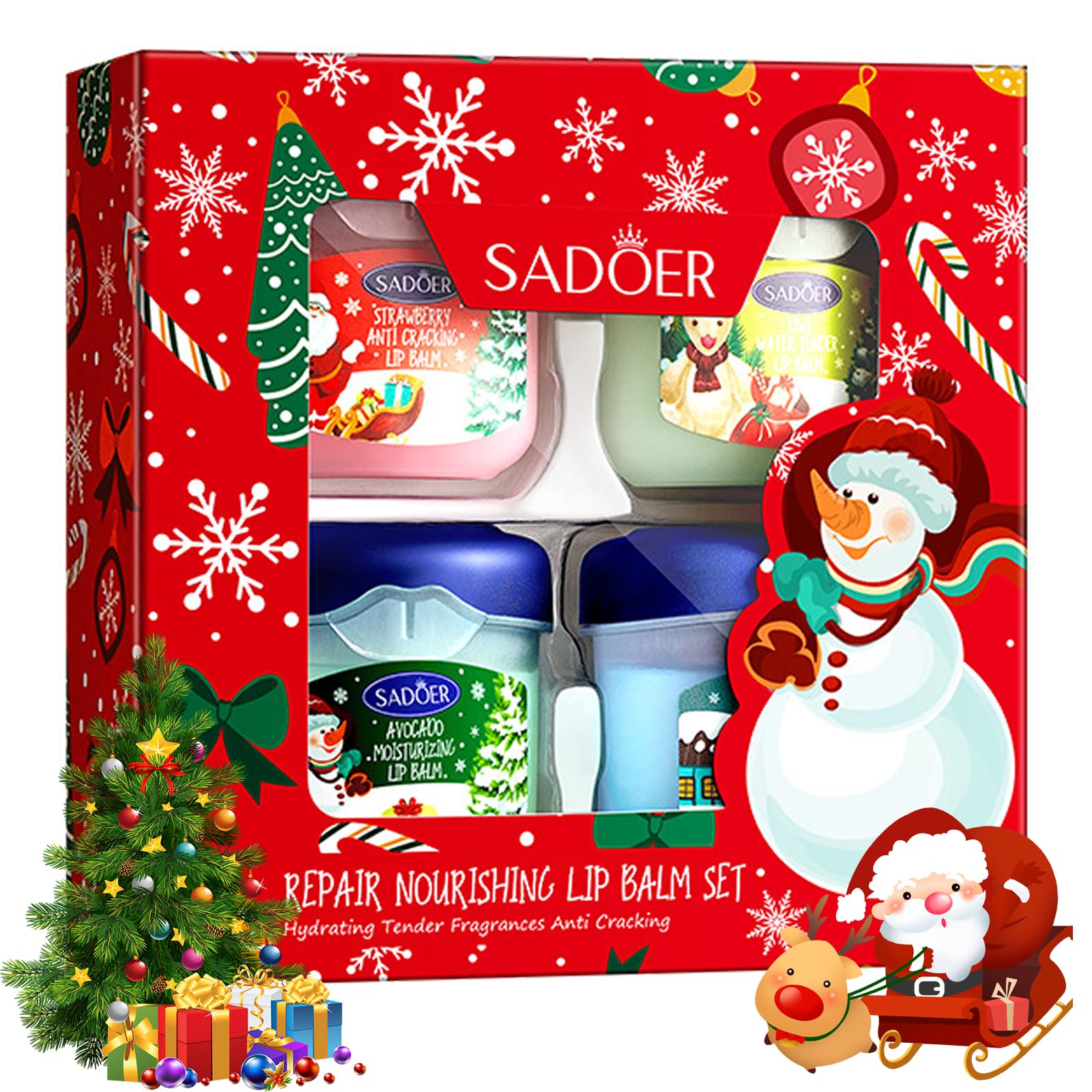 Christmas Lip Balm Set, 4 Packs Lip Balm Multipack, 3 Flavours Avocado, Strawberry, Kiwi