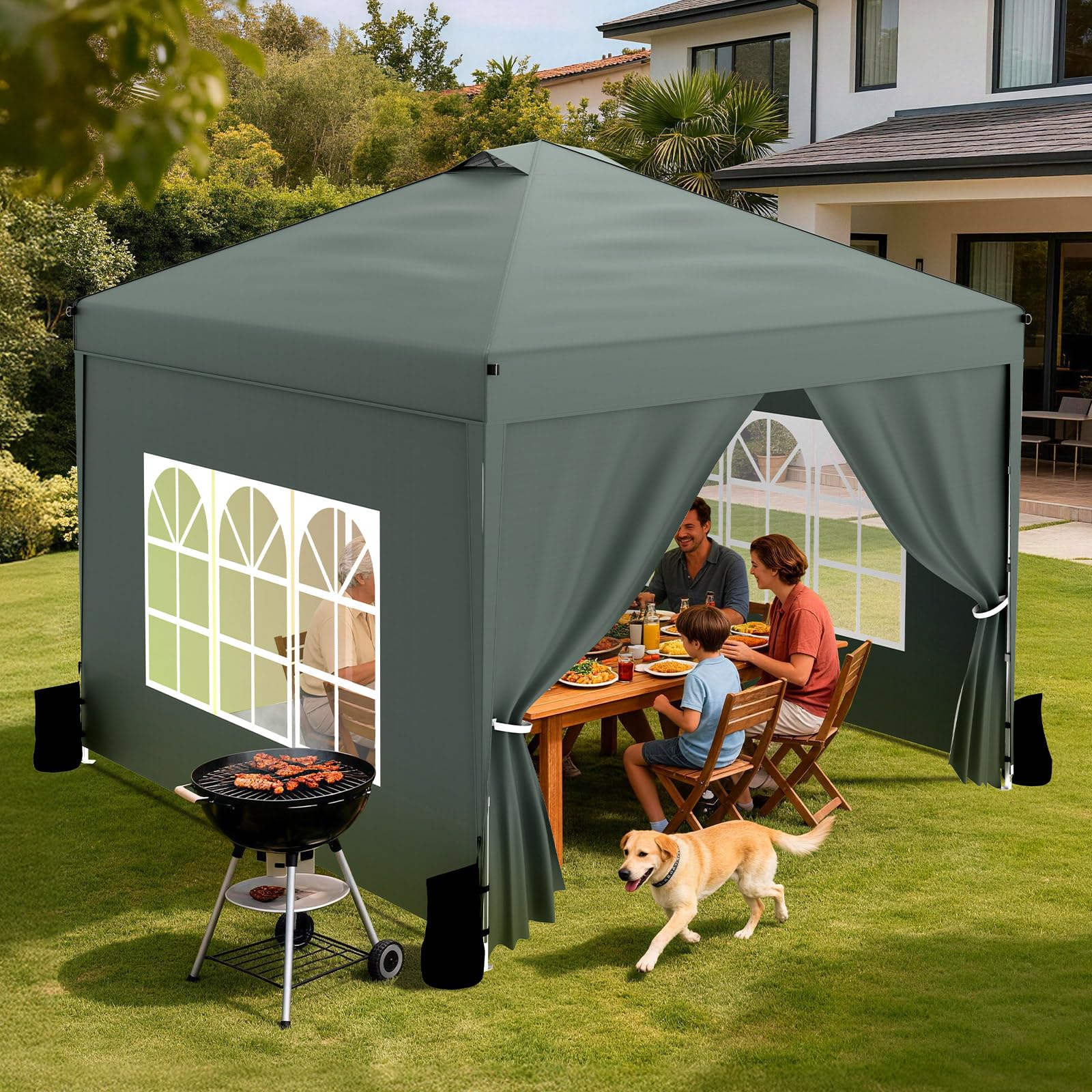 Huracan tonnelle Pliante 3x3 imperméable avec parois latérales et Sacs de Sable, Stable, résistante à l'hiver, Hauteur réglable, Protection UV, Tente de réception, Pliable avec Sac de Transport