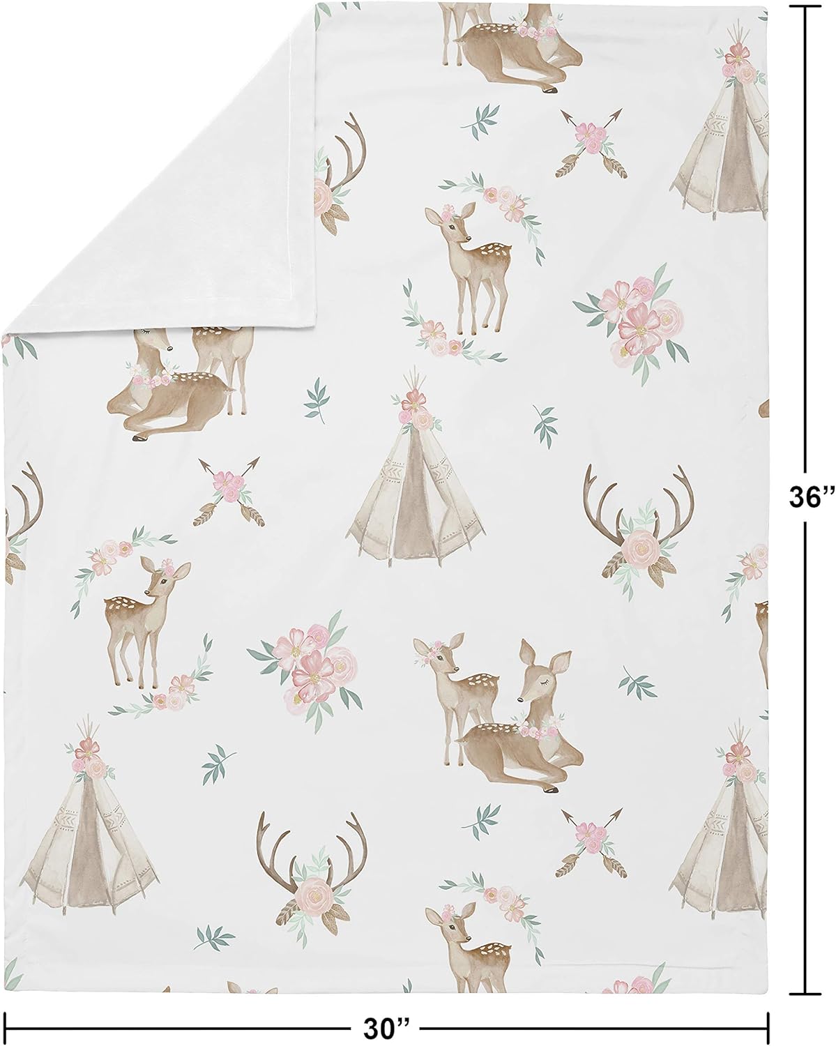 Sweet Jojo Designs Boho Watercolor Woodland Deer Floral Baby Girl Receiving Security Swaddle Blanket for Newborn or Toddler Nursery Car Seat Stroller Soft Minky - Blush Pink, Mint Green and White