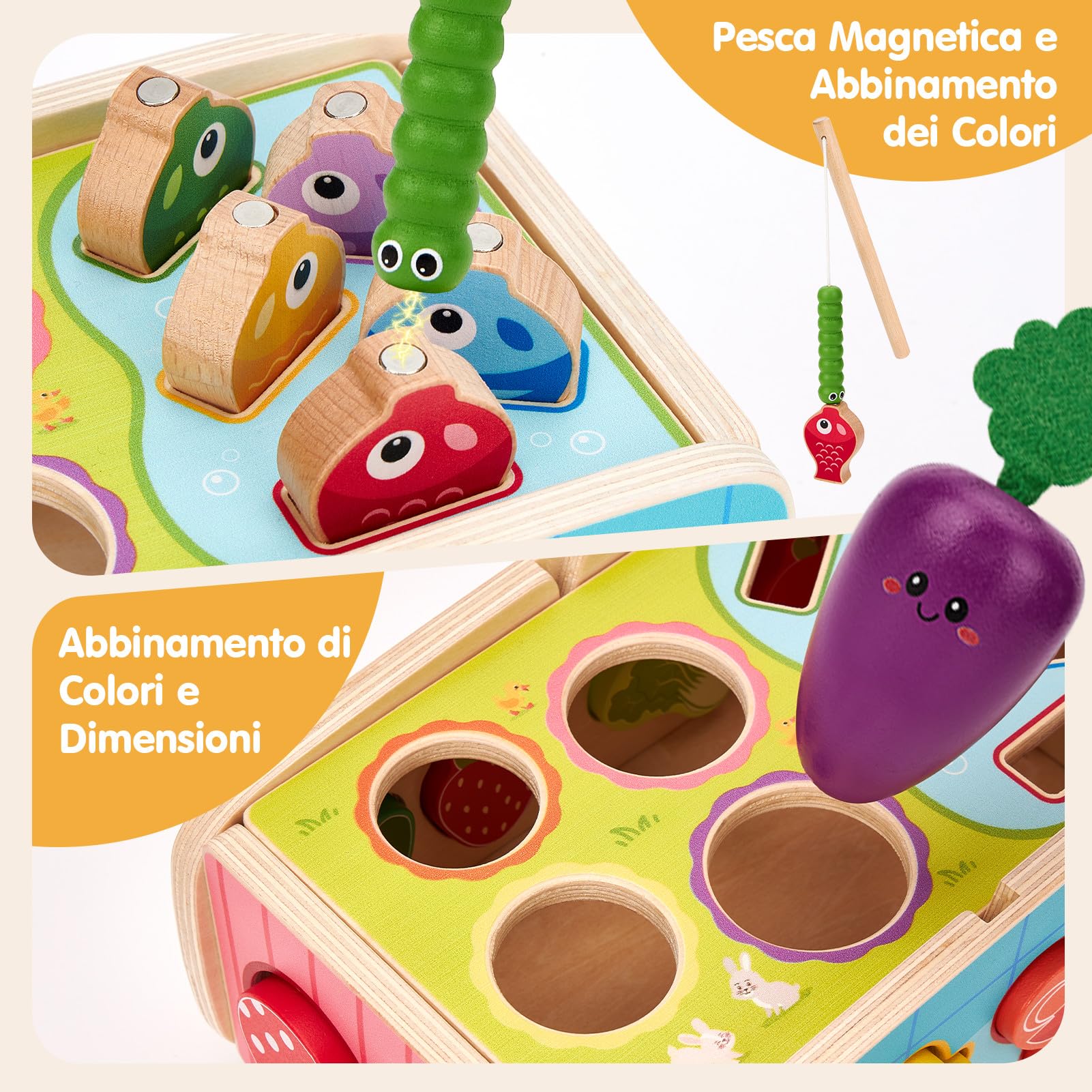 hahaland Giochi Montessori in Legno 1 2 3 Anni, 7 attività Educative con Pesca Magnetica, Motricità Fine e Carrellino Trainabile, Regalo per Bambini Bambina 18 Mesi