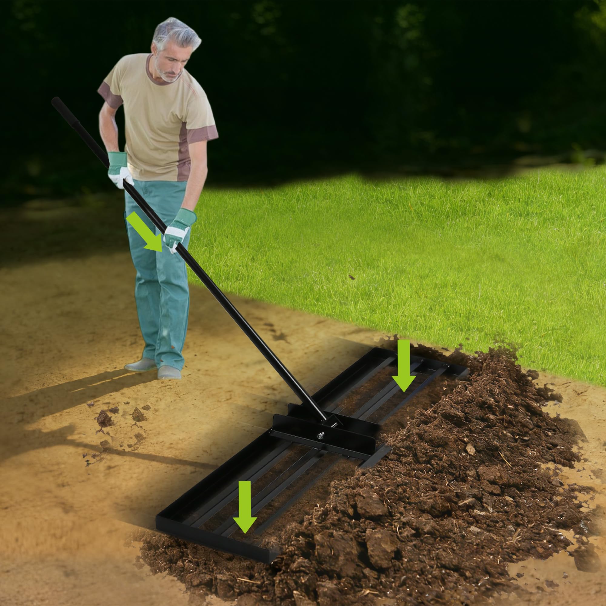 【75 x 25 cm】 Rastrello livellante per prato con manico telescopico da 2 m e sistema di presa a manopola (a prova di colpa) – raschietto per prato in acciaio inox per un facile livellamento di prato