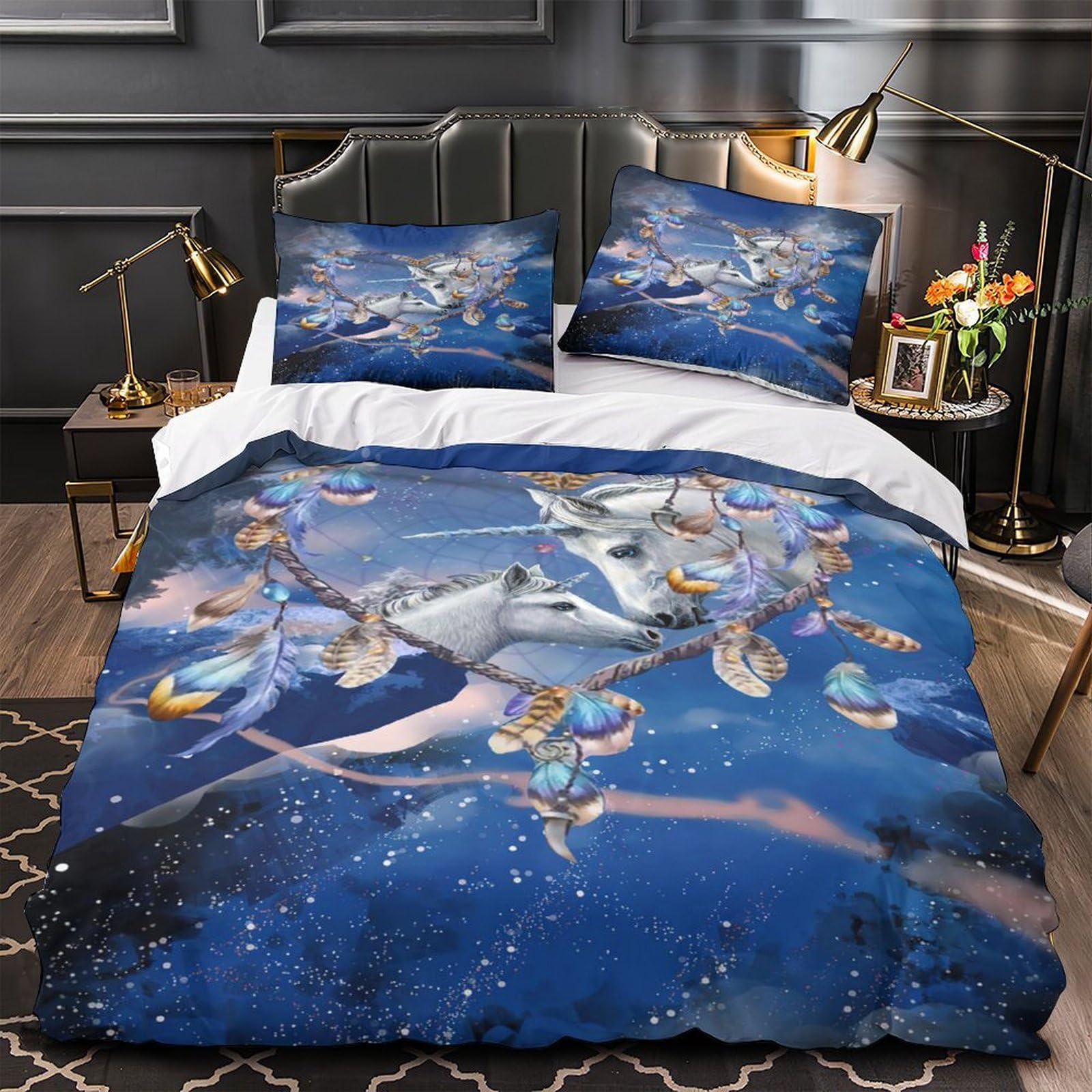 Housse de couette licorne 135x200 cm parure de lit attrape-rêves fantastique 3D