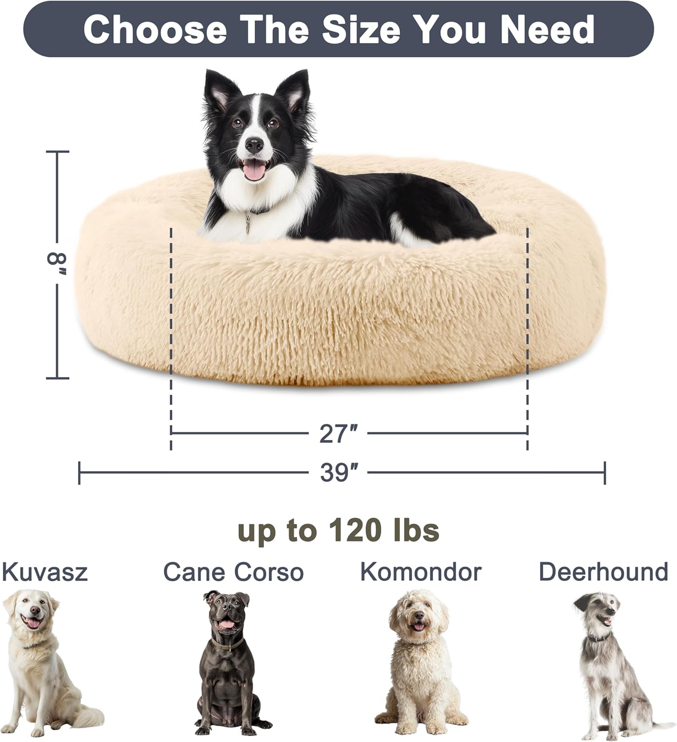 ELSKER&HOME Calming Dog Bed,Donut Washable Warming Soft Round 39 inches Dog Beds for Large Dogs,Anti-Anxiety Fluffy Plush Cushion Bed Fits up to 120 lbs Pets,Apricot