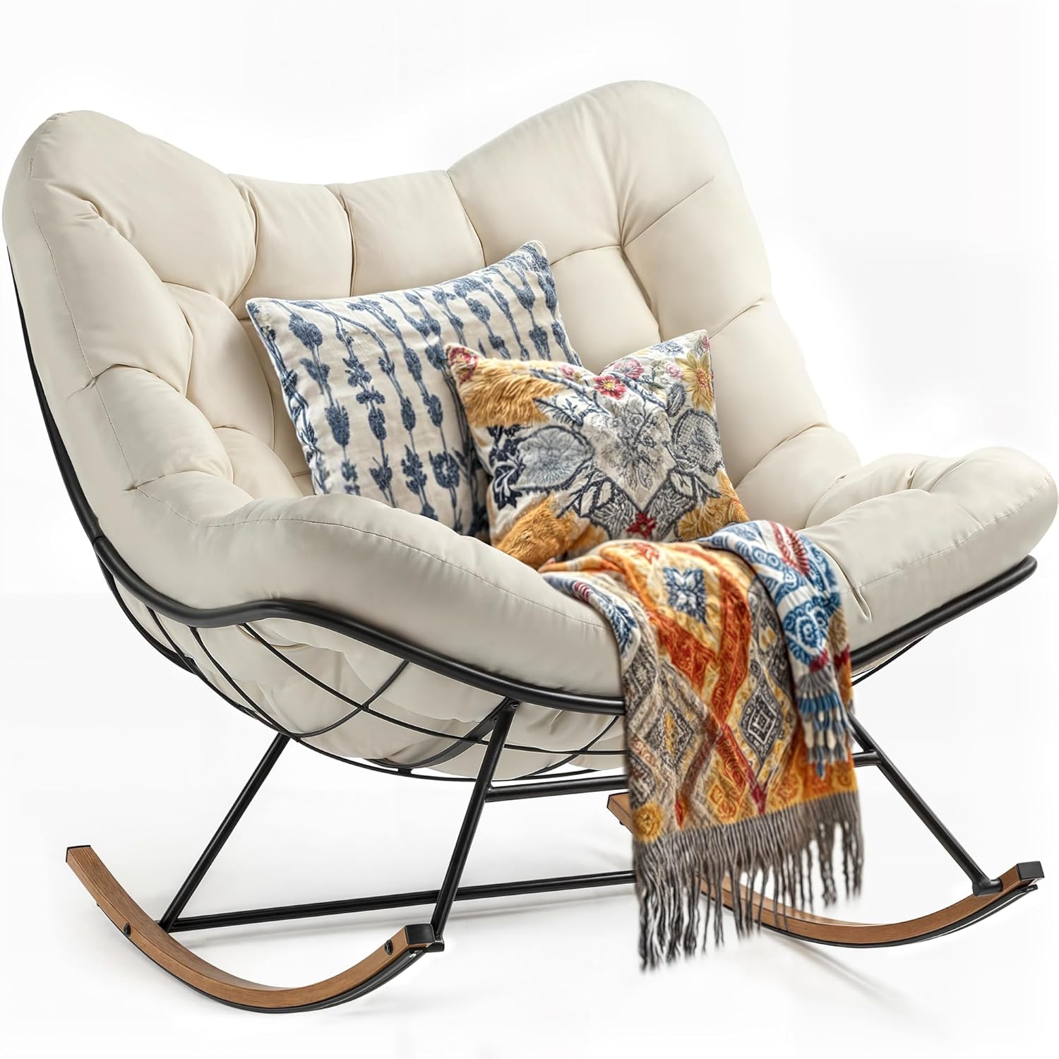 YITAHOME Oversized Rocking Papasan Chair, Wide Rocking Chair, Comfy Indoor and Outdoor Lounge Chair with Thick Cushion for Bedroom, Living Room, Patio, Porch, Garden, Deck, Lawn (Beige)