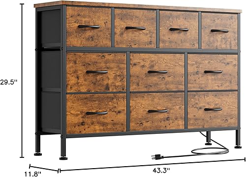Miniatura 3 de Mueble de TV con toma de corriente, cómoda de 43 pulgadas de largo para dormitorio con 10 cajones de tela, cómoda para sala de estar, pasillo