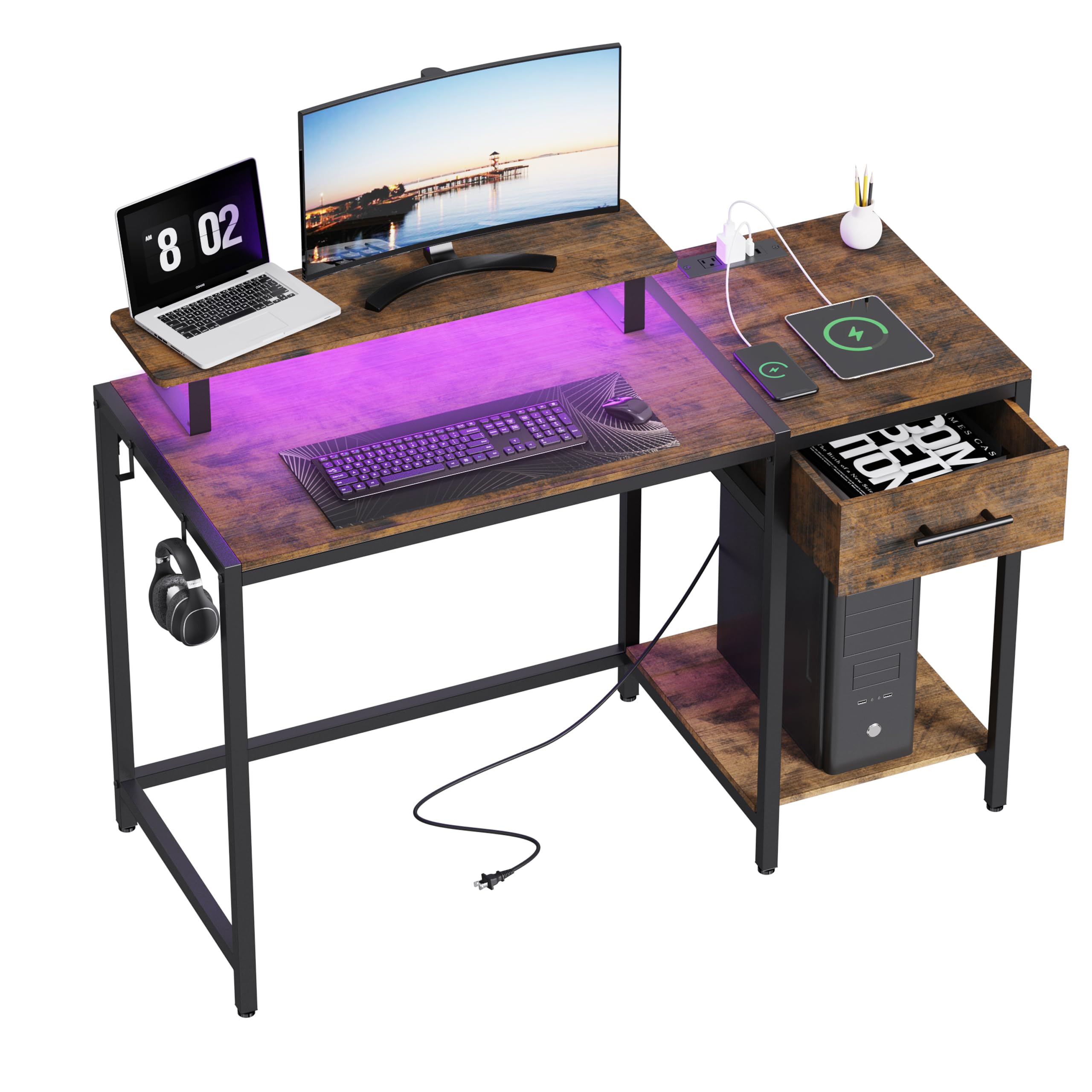 Photo 1 of USED** Lkeiyay Computer Desk with Drawers and Storage,47 inch Gaming Desk with Led Lights,Power Outlet,Monutor Stand,for Small Space Bedroom,Rustic Rustic Brown 47 inch