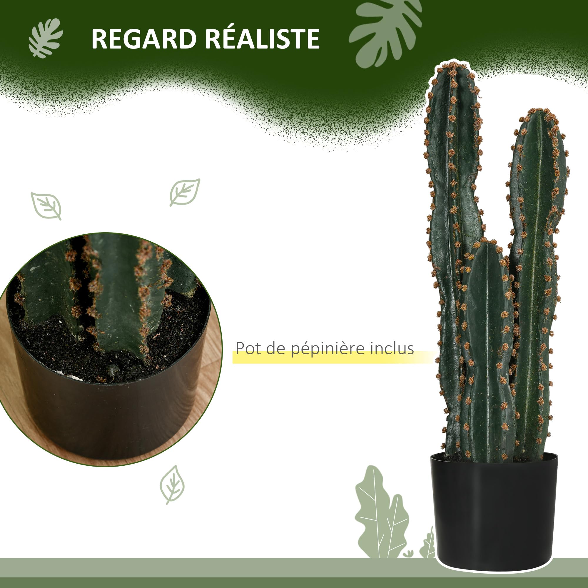 Outsunny Cactus Artificiel Grand Réalisme Grande Taille Ø 17 x 60H cm Vert | Plante Artificielle
