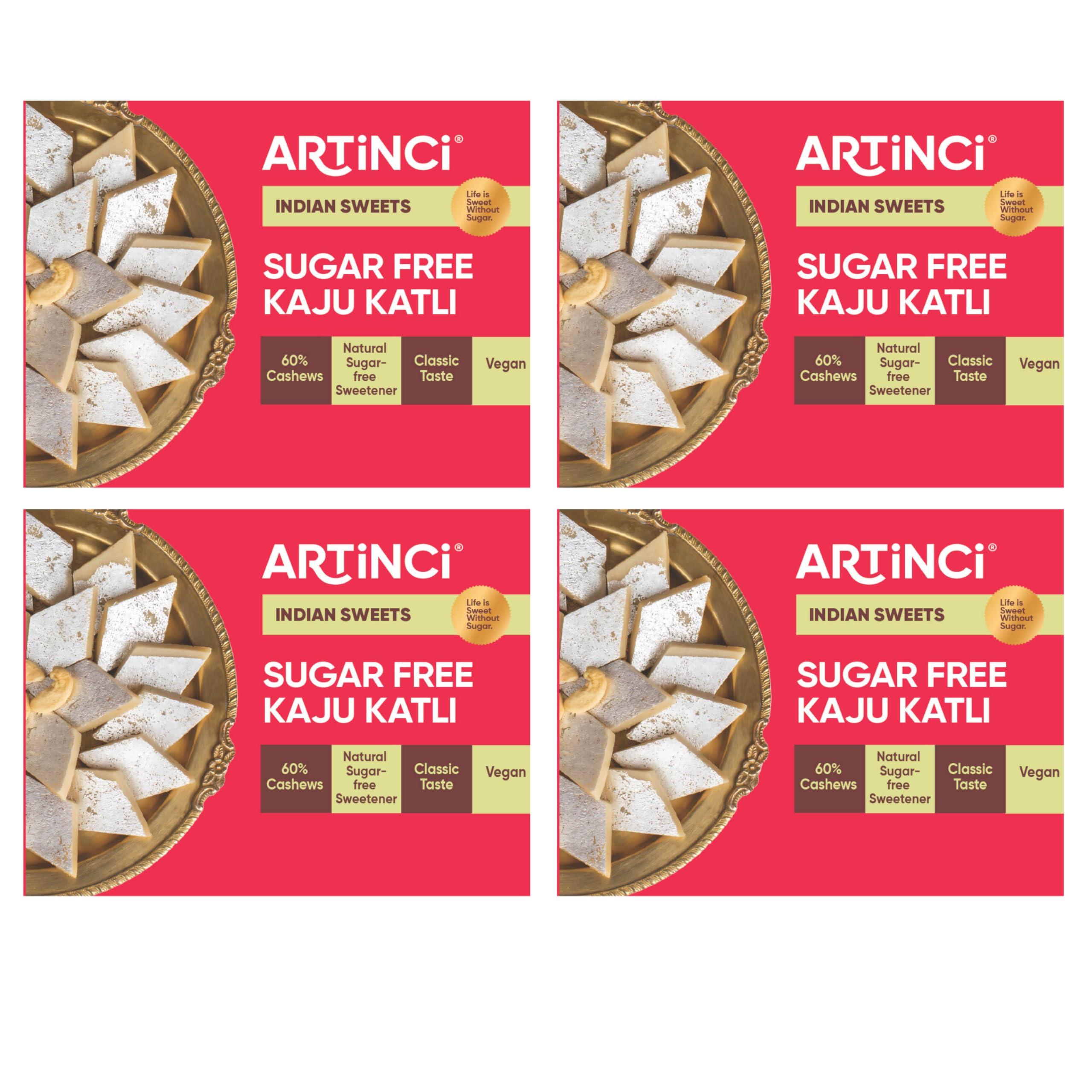 Artinci Sugar Free Kaju Katli | Low Carb | Low GI | No Added Sugar | Made with Pure Kaju (200gm) (Pack of 4)