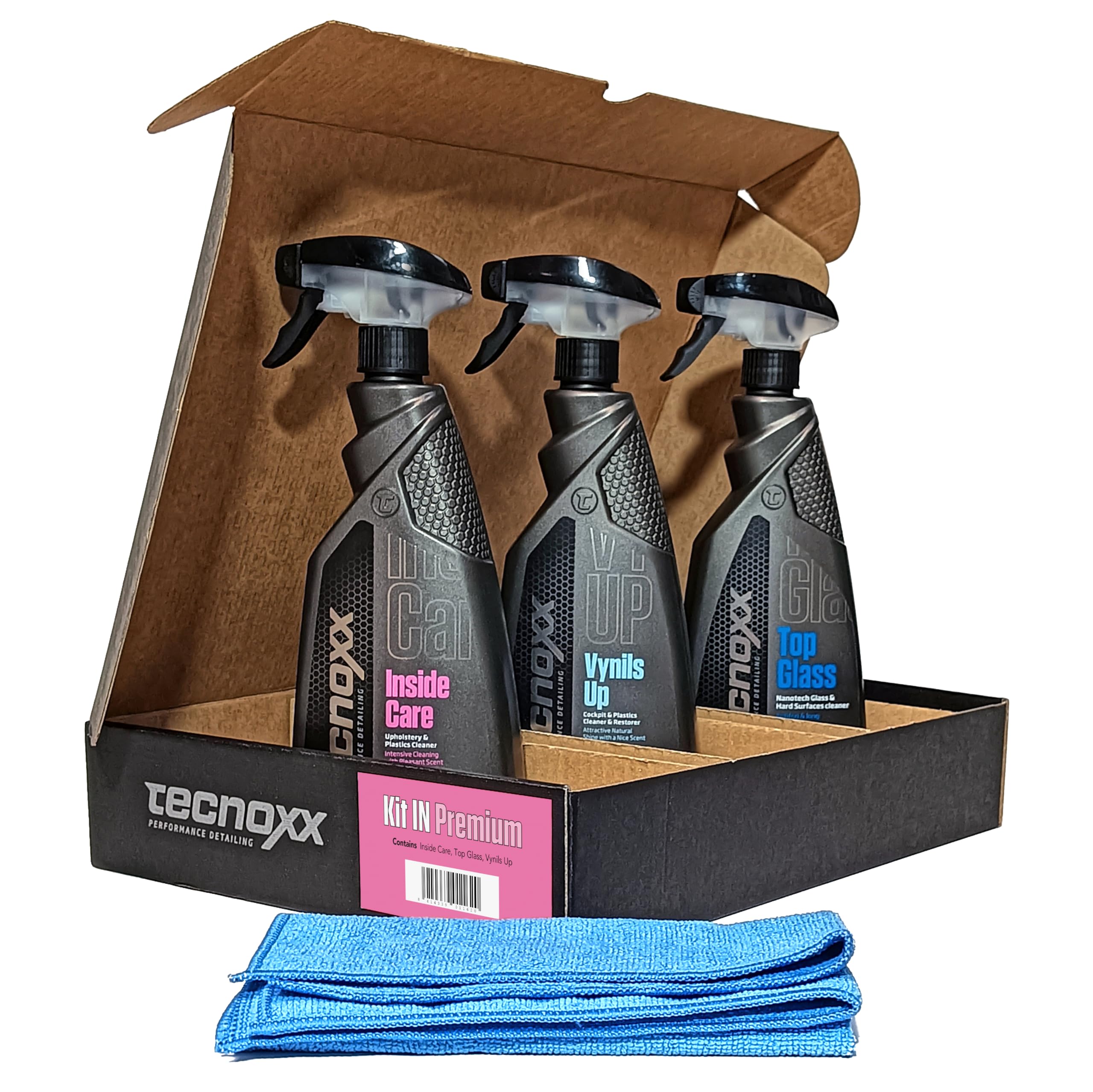 Tecnoxx – Kit In Premium 3 Productos Pro para Limpieza y Mantenimiento Interior de Coches Envases XL 750 mL con hidratador salpicaderos detergente tapicerías Limpia Pantallas Cristales