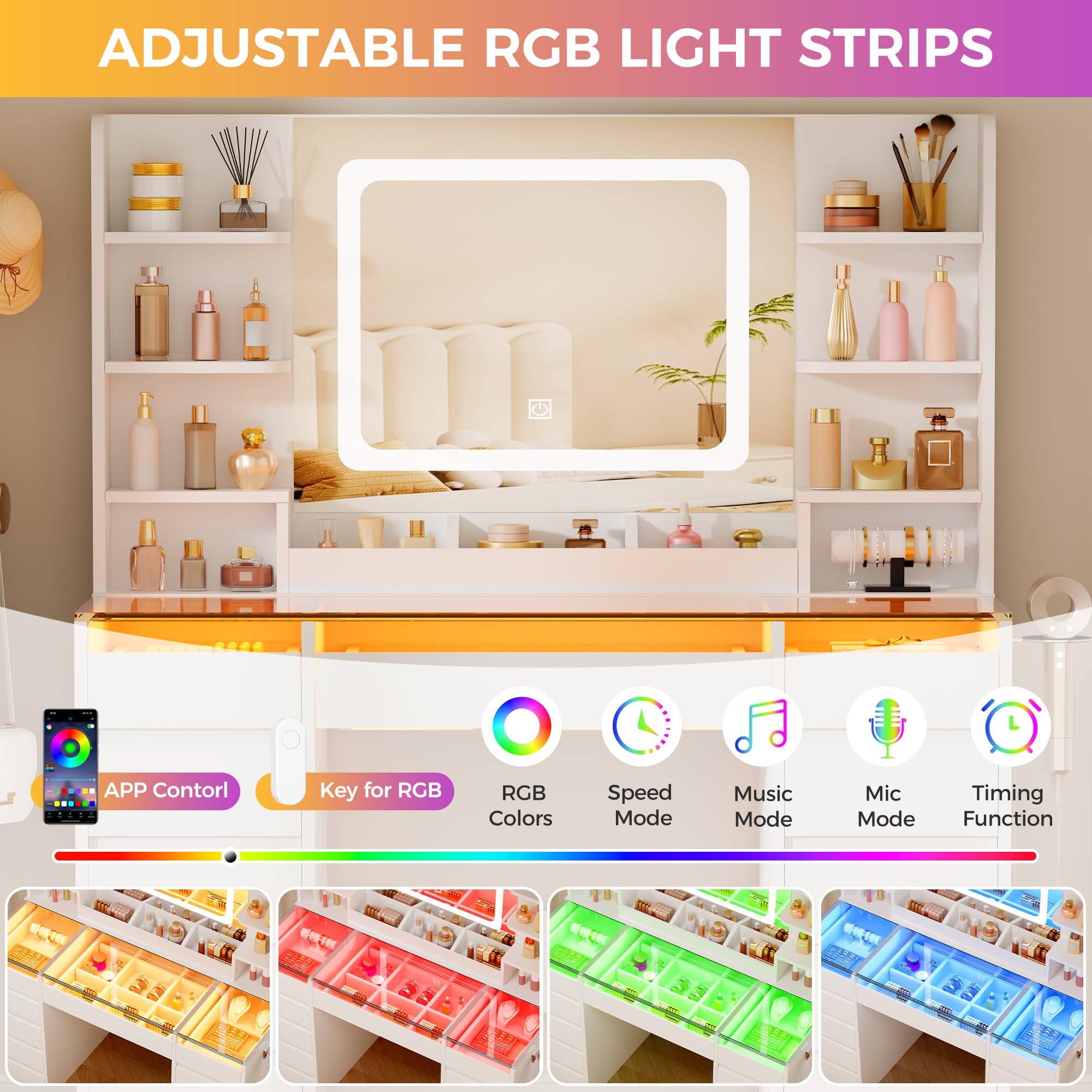 BEWISHOME Coiffeuse avec Miroir LED et Éclairage RGB, Coiffeuse avec Plateau en Verre, 11 tiroirs RGB, 6 Étagères, Table de Maquillage avec Pris, Grande Coiffeuse Moderne pour Chambre, Blanc EFST57W