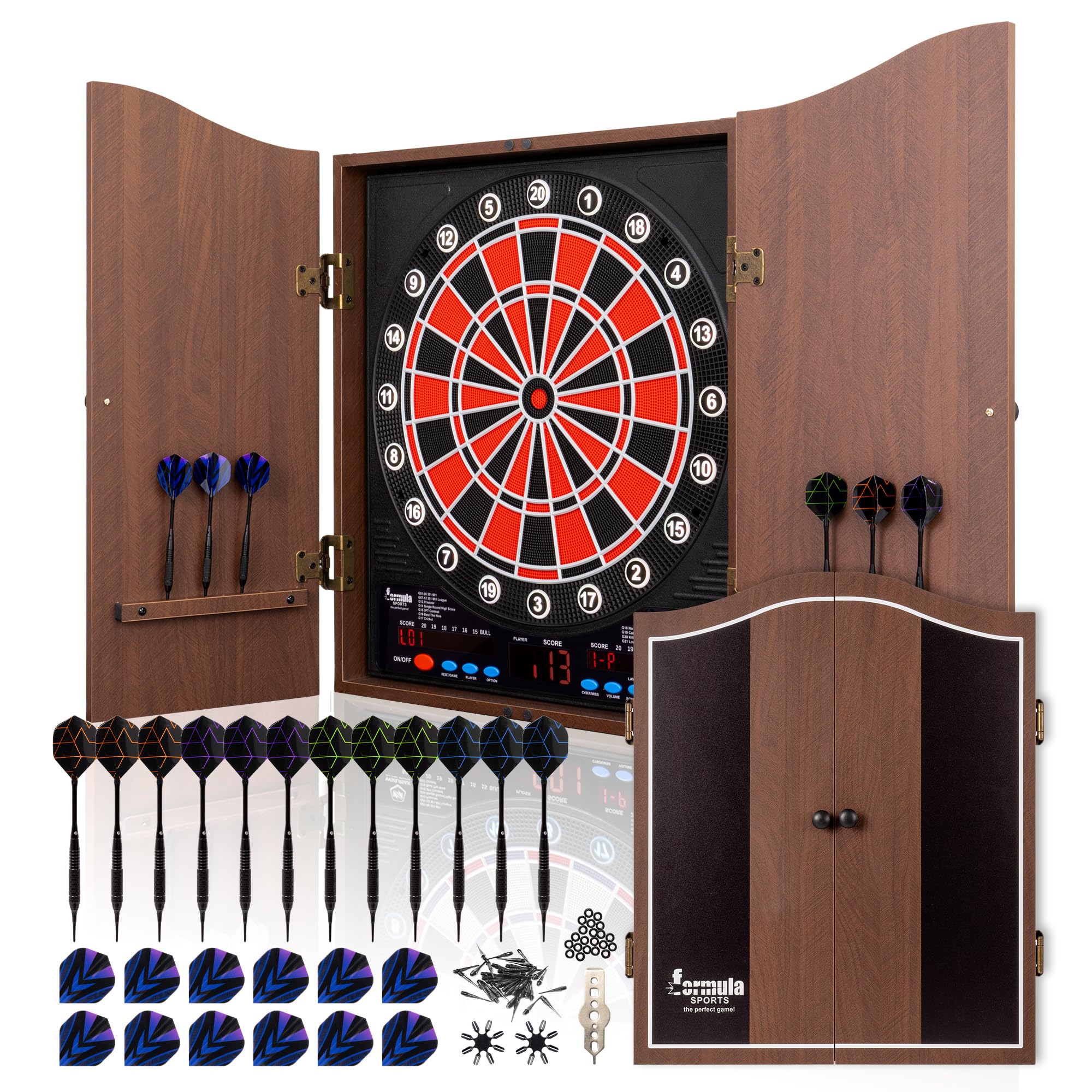 Electronic Dartboard Professional Set with 211 Variations for 1 to 16 Players, Including 12 Darts, 12 Flights, 100 Dart Tips, and Accessories (Brown)